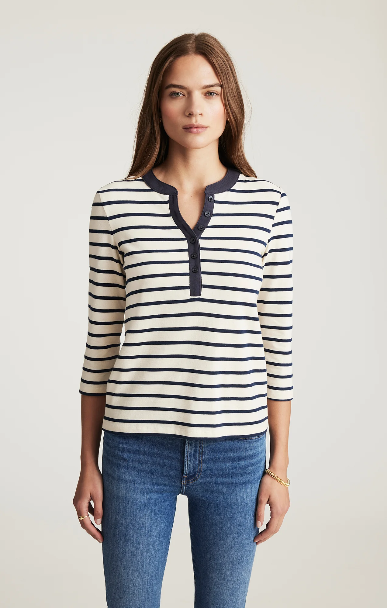 HENLEY QUARTER SLEEVE T-SHIRT IN NAVY BLAZER STRIPE