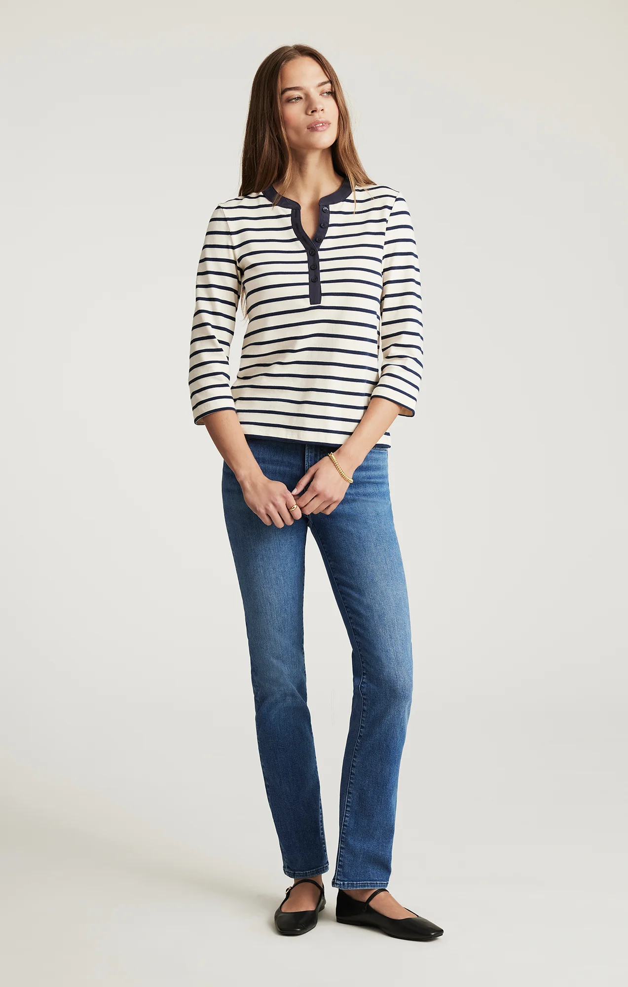 HENLEY QUARTER SLEEVE T-SHIRT IN NAVY BLAZER STRIPE - Image 4