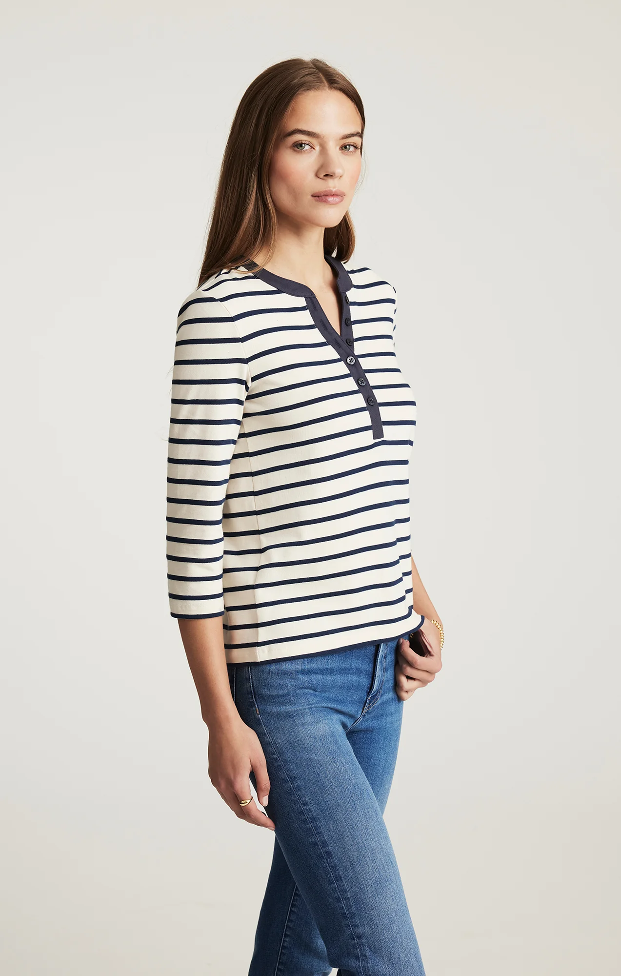HENLEY QUARTER SLEEVE T-SHIRT IN NAVY BLAZER STRIPE - Image 5