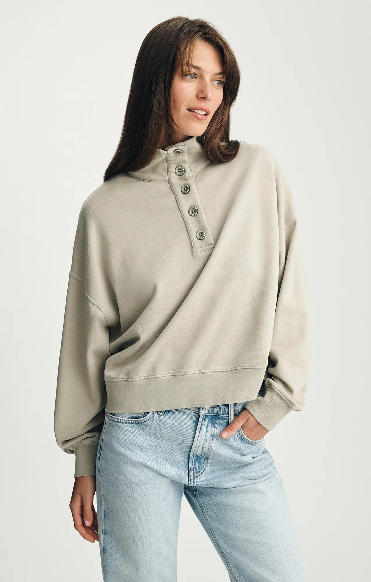 BUTTON-UP FUNNEL NECK SWEATSHIRT IN SEAGRASS