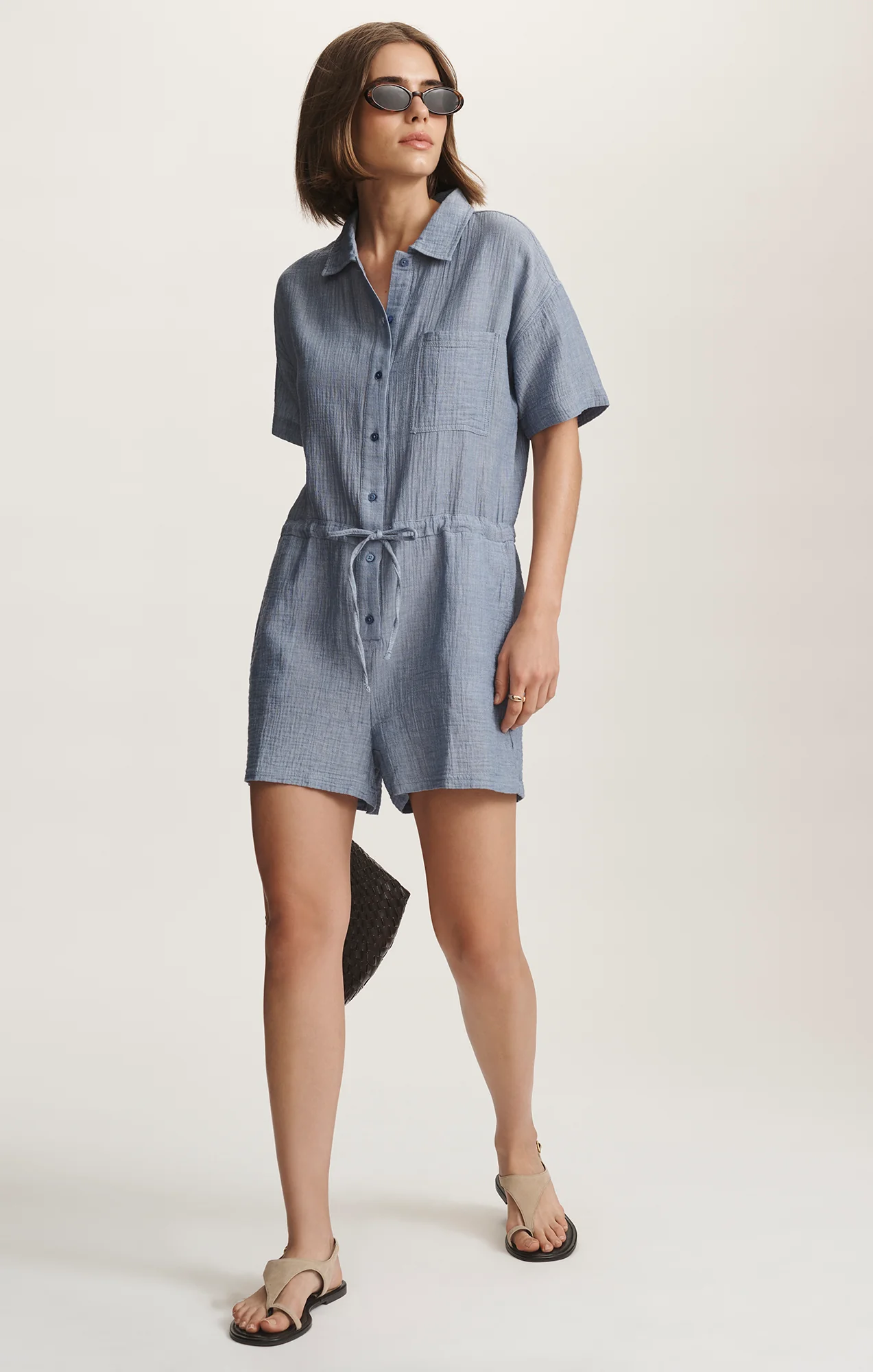 CINCHED WAIST ROMPER IN LIGHT CHAMBRY