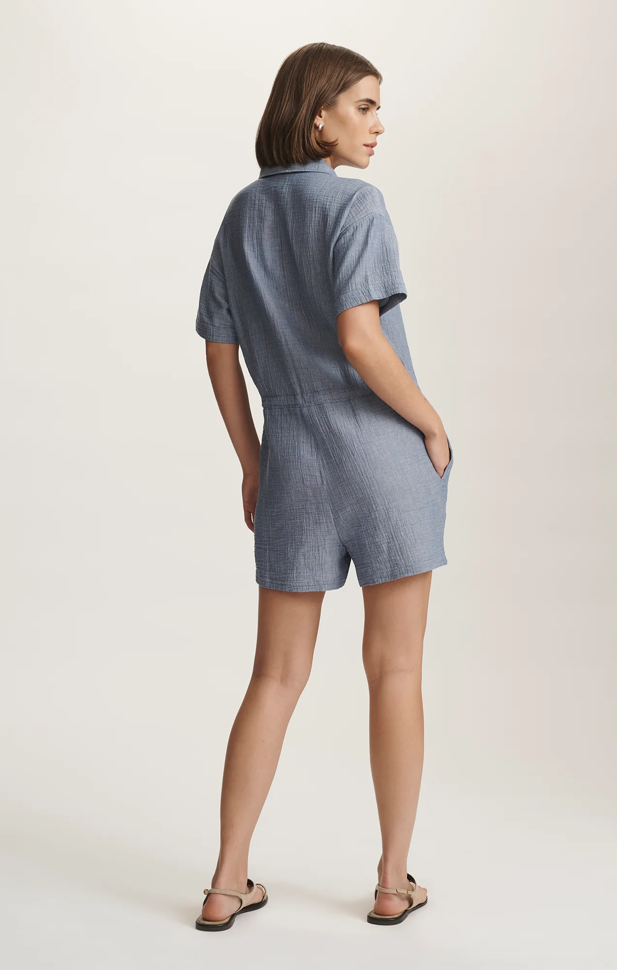 CINCHED WAIST ROMPER IN LIGHT CHAMBRY - Image 2