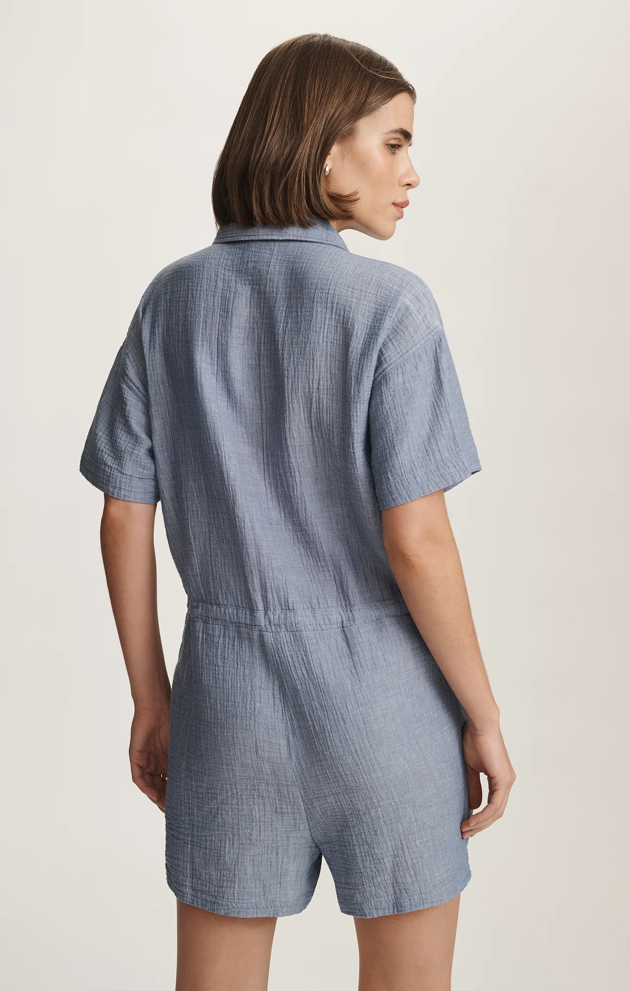 CINCHED WAIST ROMPER IN LIGHT CHAMBRY - Image 3