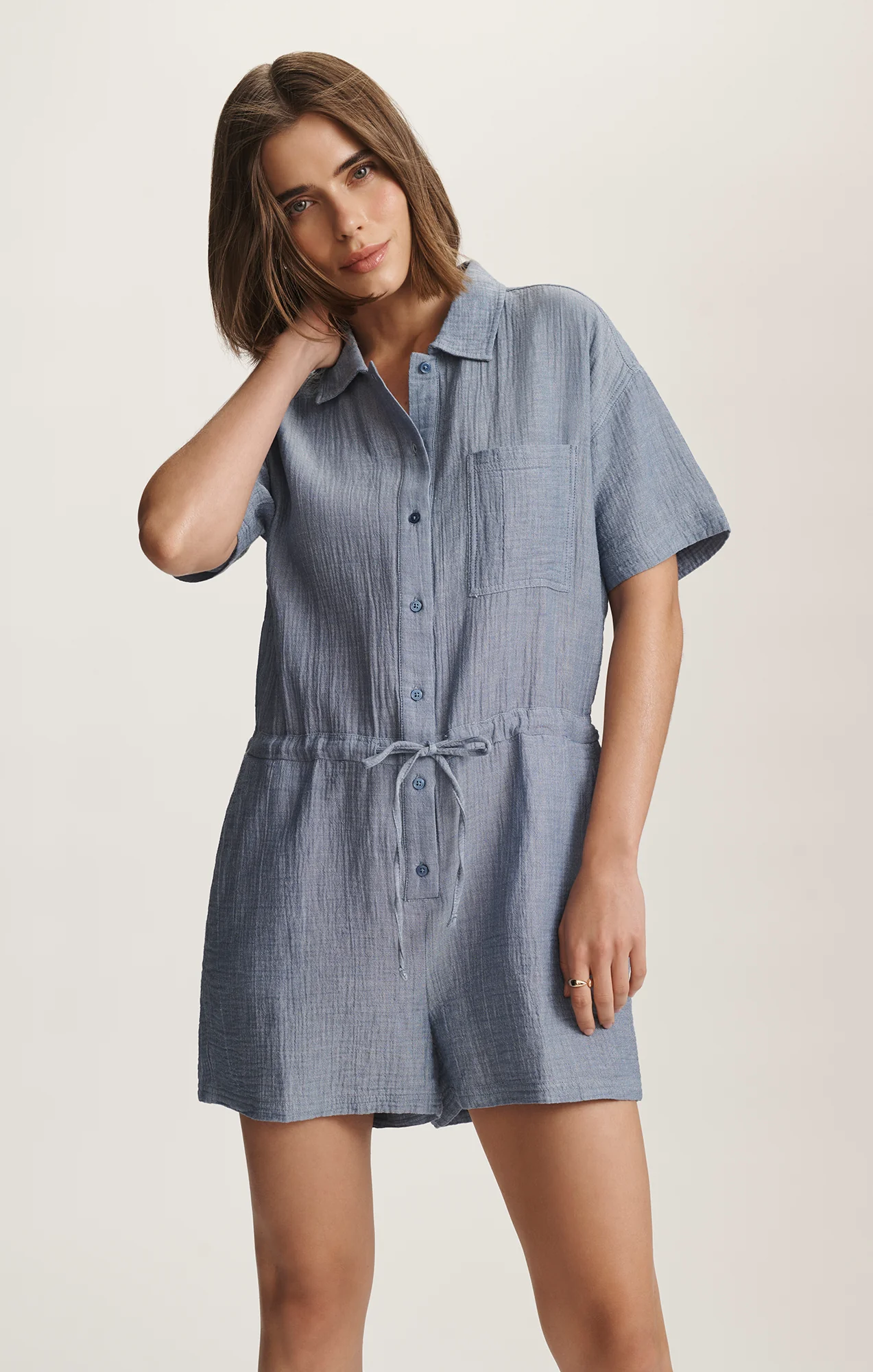 CINCHED WAIST ROMPER IN LIGHT CHAMBRY - Image 4