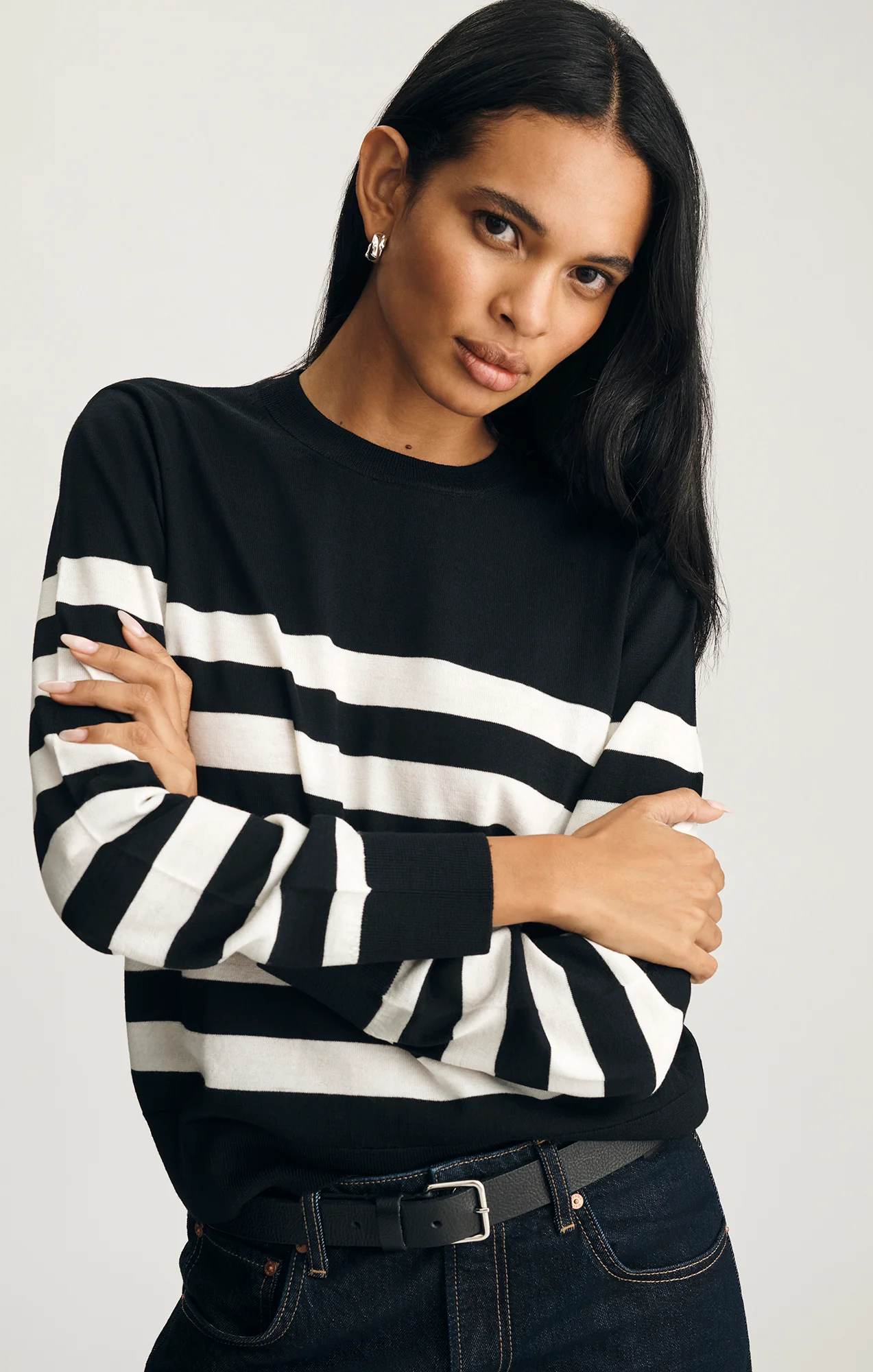 EDITION MERINO WOOL CREW NECK SWEATER IN BLACK WHITE STRIPE