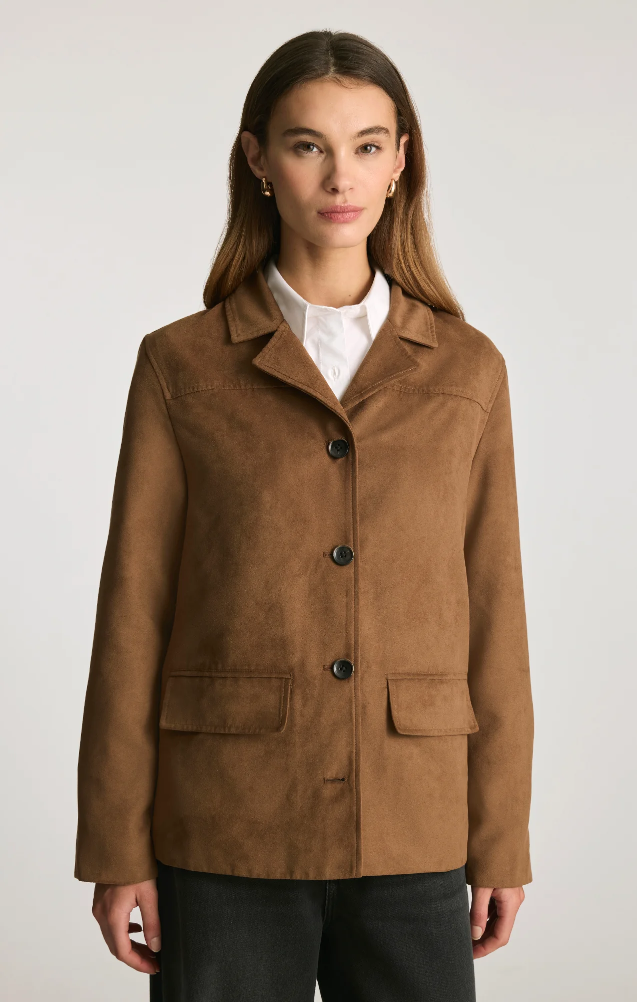 FAUX SUEDE CHORE JACKET IN BISON