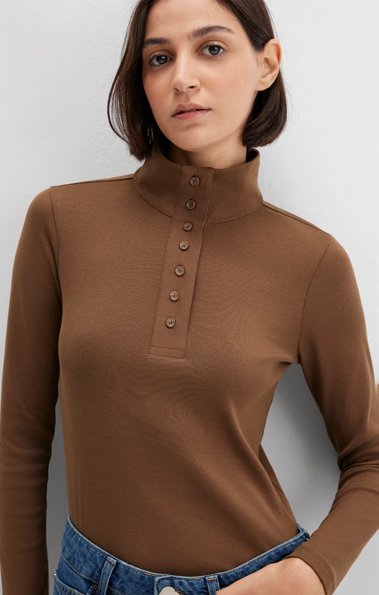 BUTTON-FRONT TURTLENECK SHIRT IN TEAK - Image 2