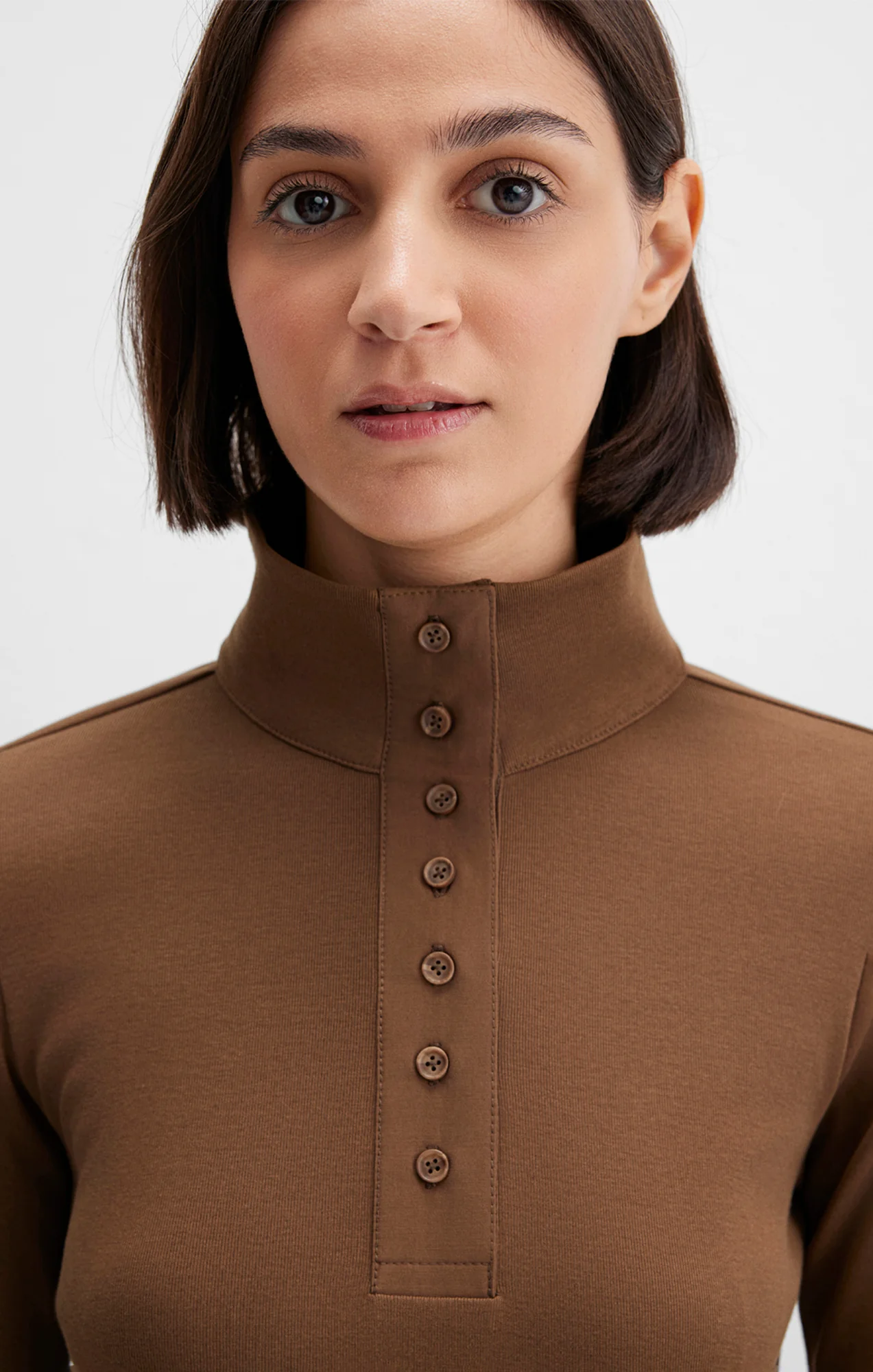 BUTTON-FRONT TURTLENECK SHIRT IN TEAK - Image 3