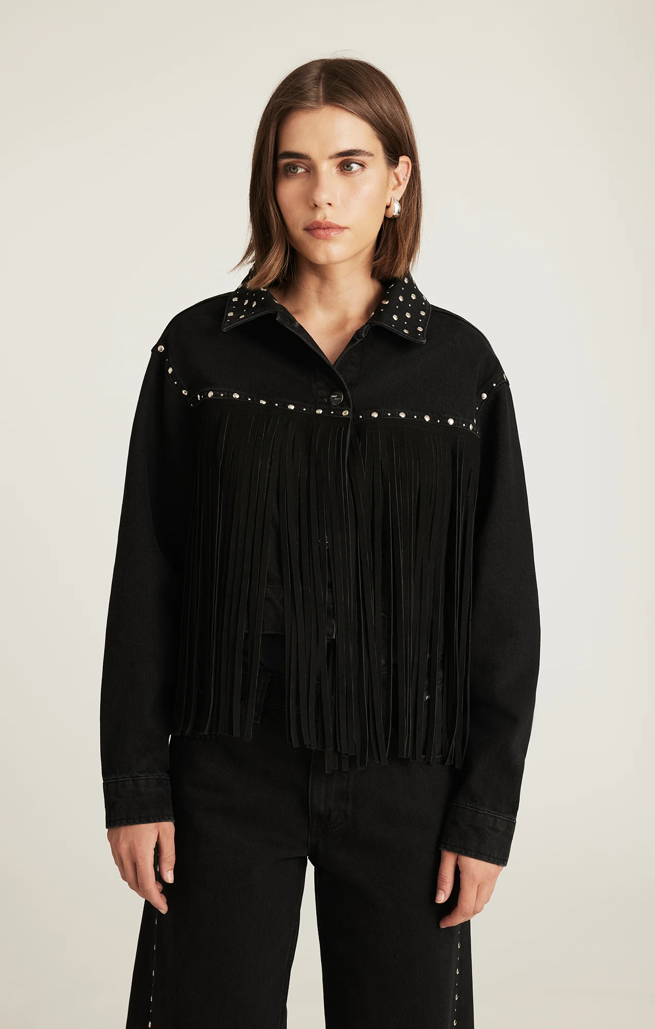 JENNA FRINGE DENIM JACKET IN SMOKE FRINGE DENIM