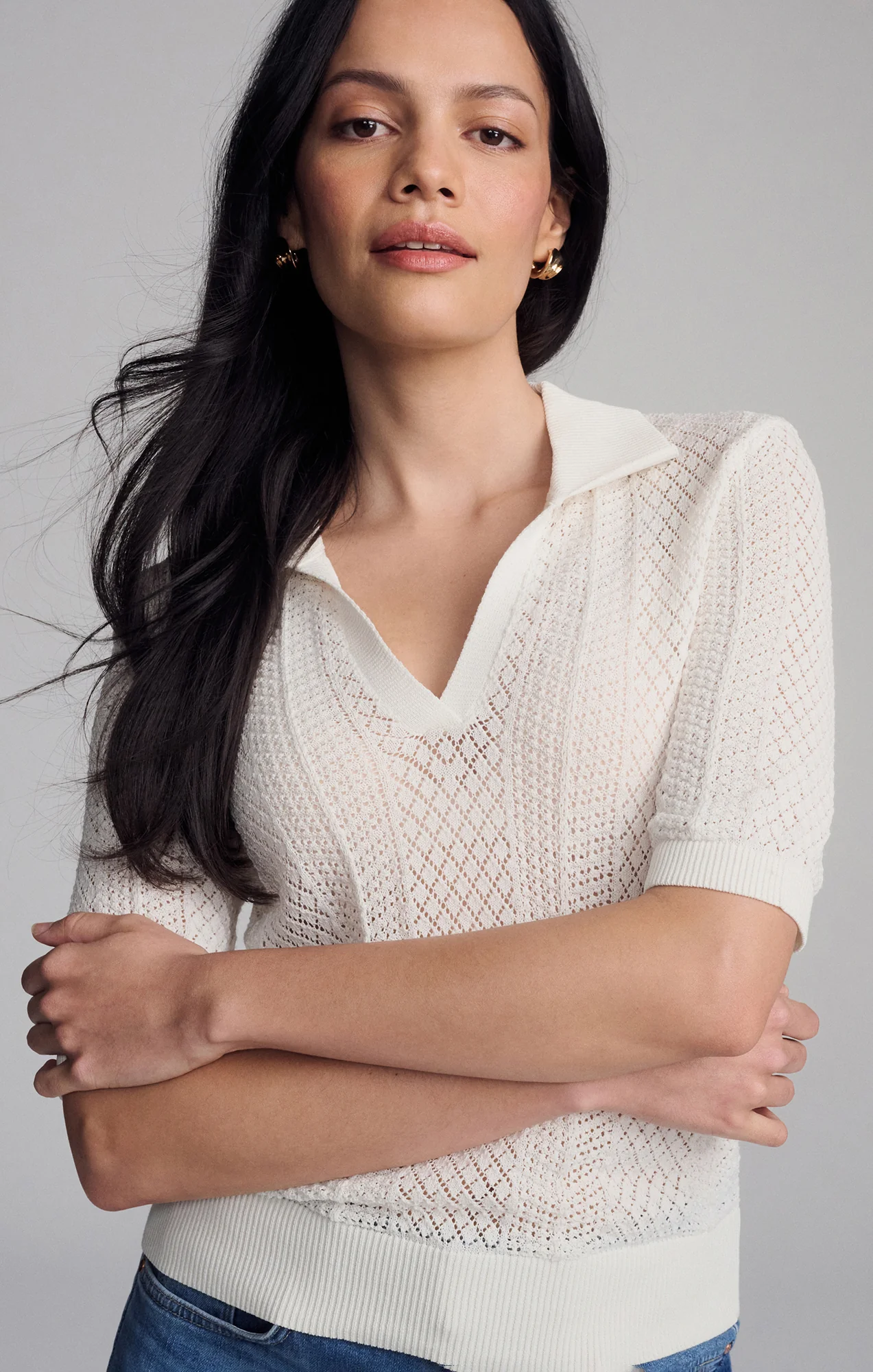 KNIT POLO SWEATER IN ANTIQUE WHITE - Image 3