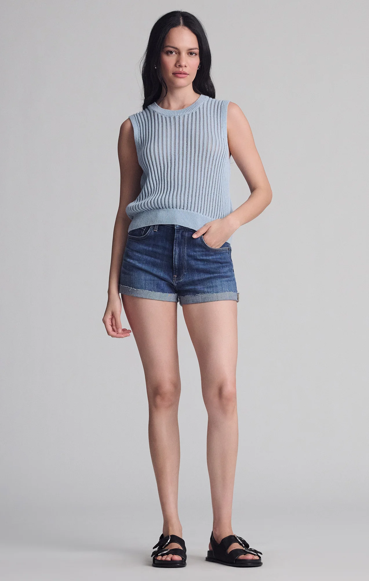 SLEEVELESS KNIT TOP IN NIAGARA MIST