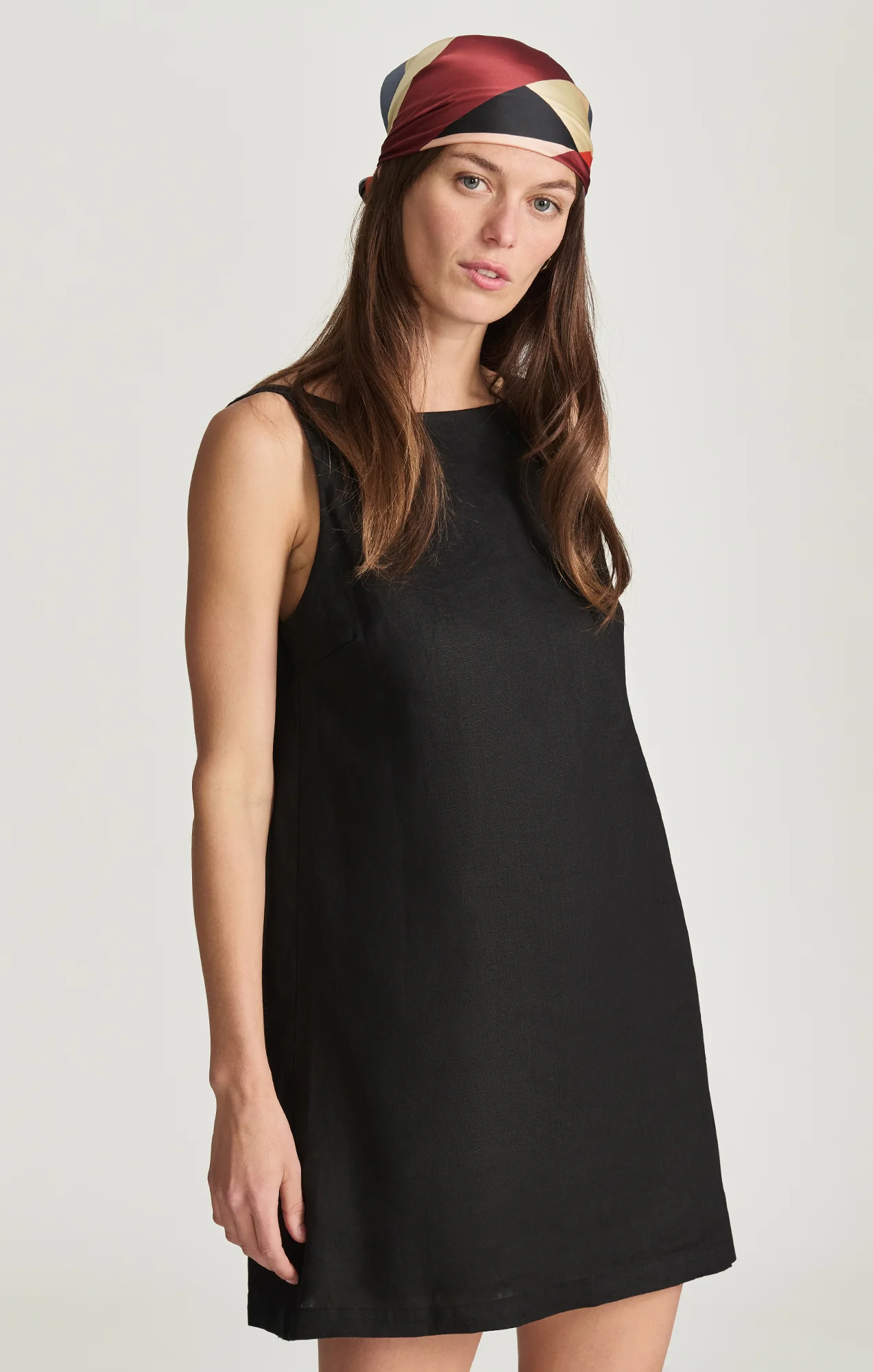LINEN BOAT NECK MINI DRESS IN BLACK