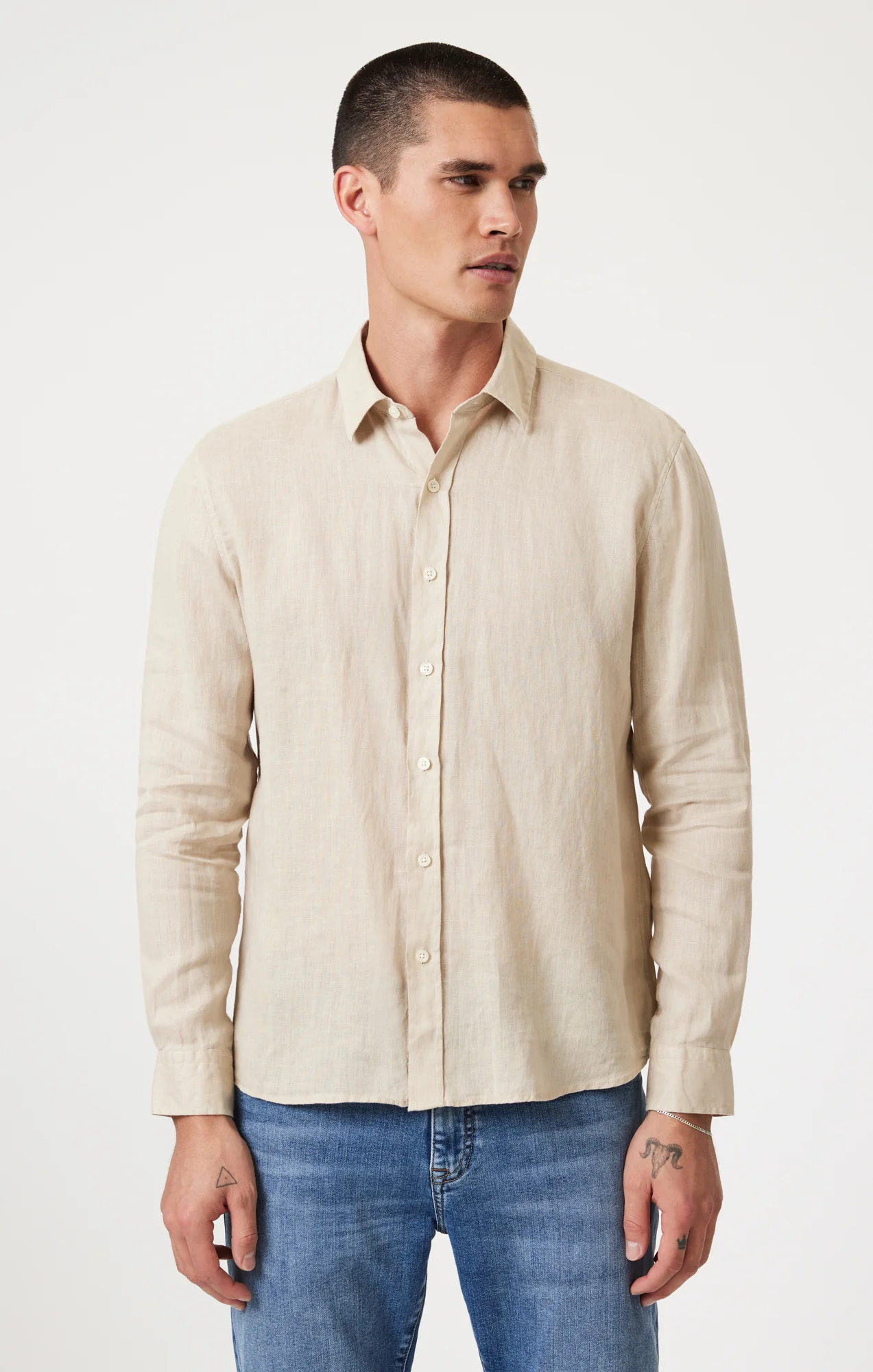 LINEN LONG SLEEVE BUTTON-UP SHIRT IN FEATHER GRAY