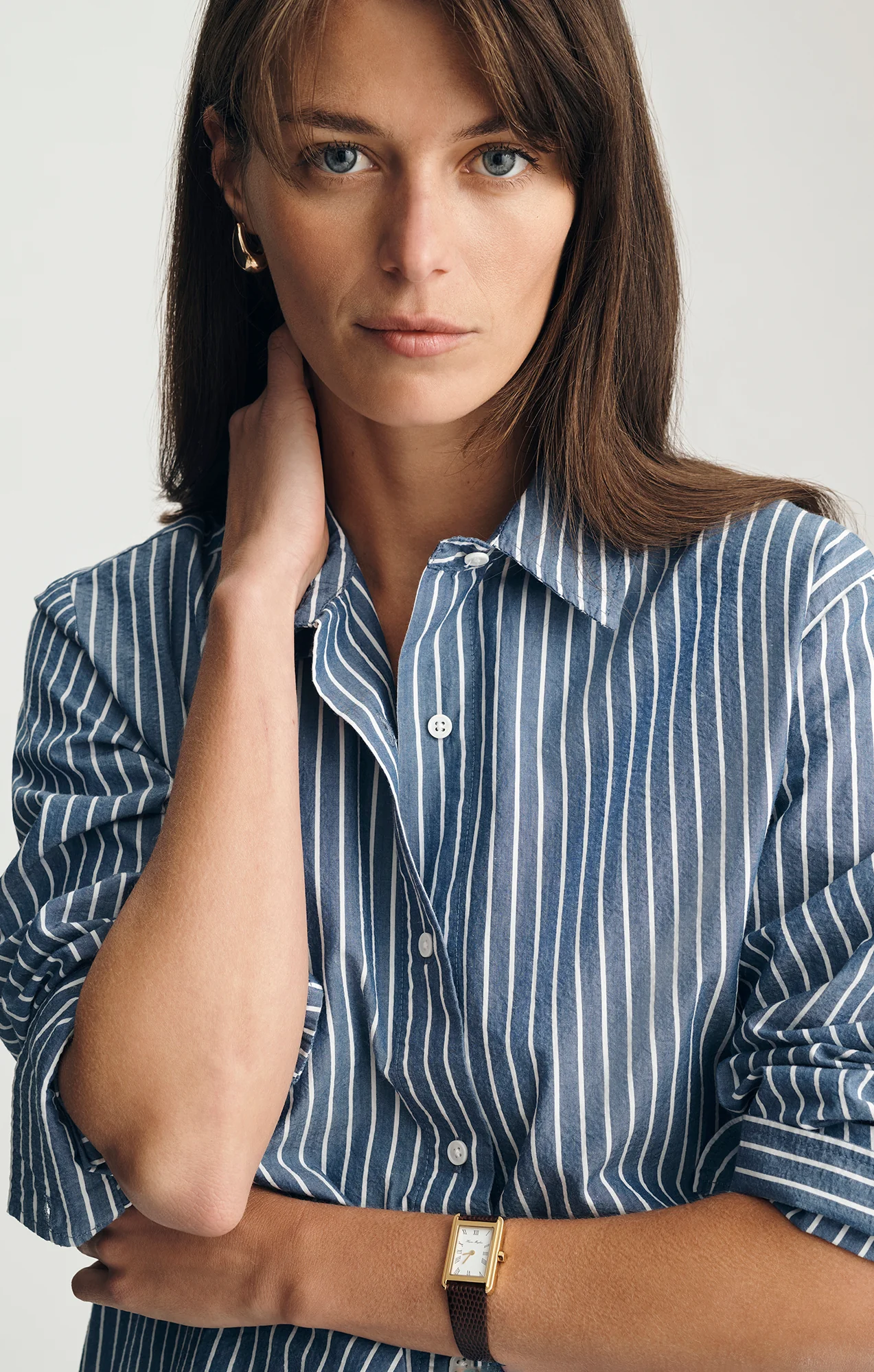 LONG SLEEVE BUTTON-UP SHIRT IN NAVY PEONY STRIPE - Image 3