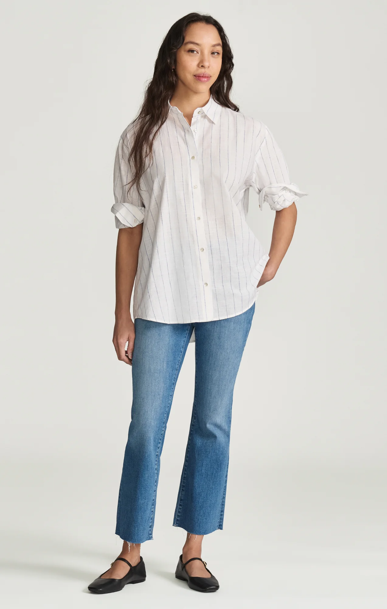 LONG SLEEVE BUTTON-UP SHIRT IN NAVY STRIPED - Image 4