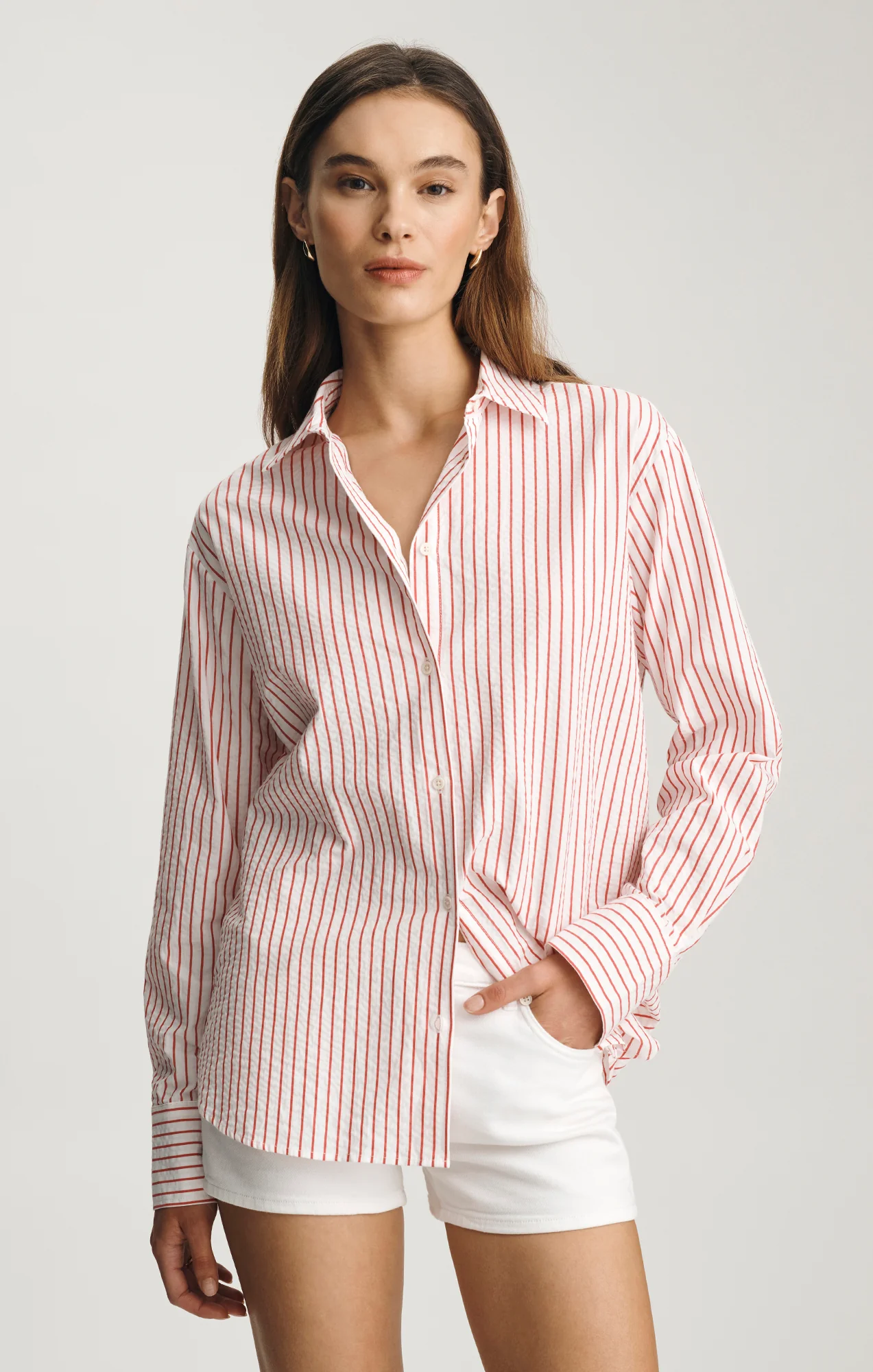 LONG SLEEVE BUTTON-UP SHIRT IN RED STRIPED