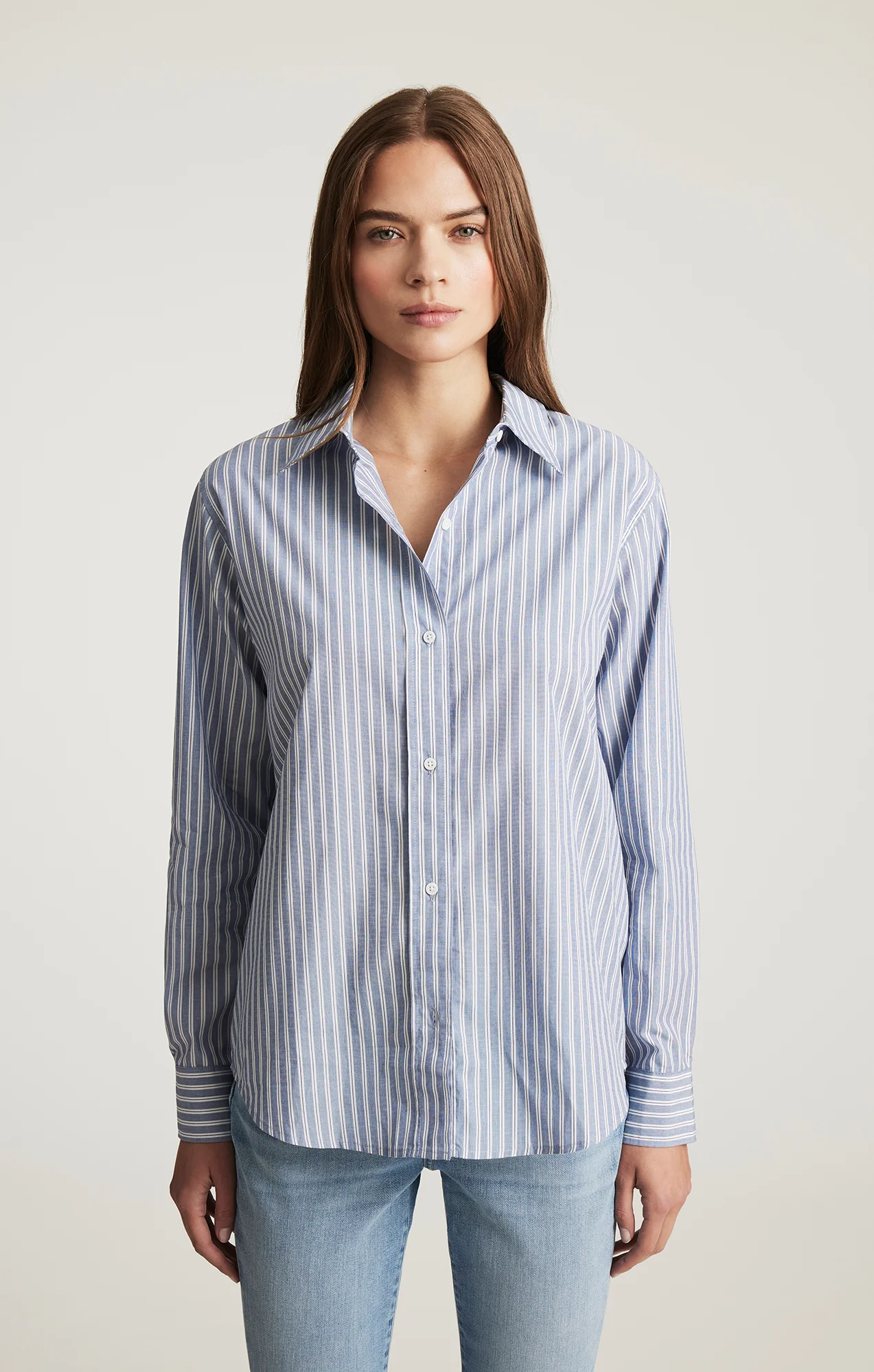 LONG SLEEVE BUTTON-UP SHIRT IN INDIGO BLUE STRIPE