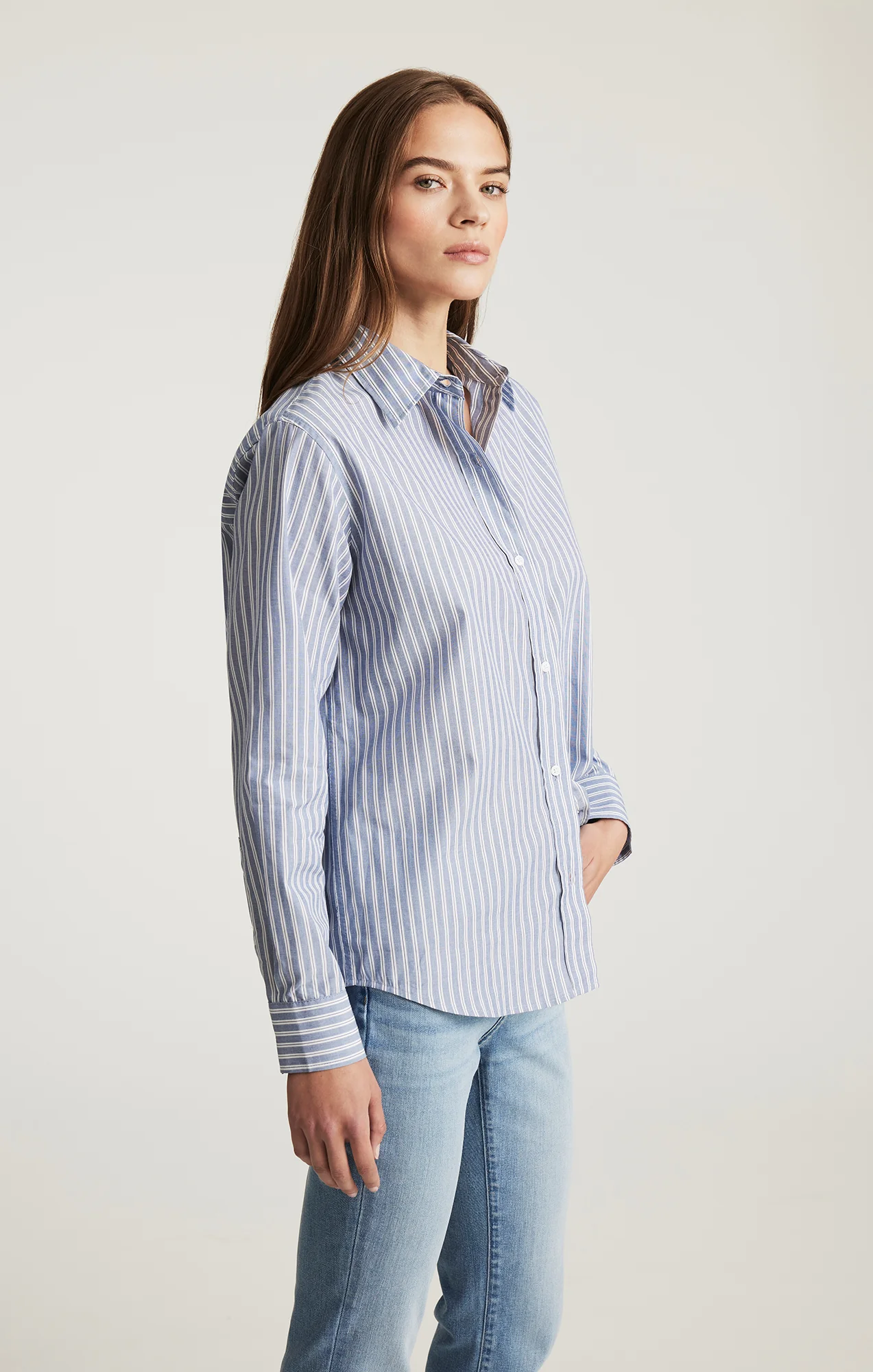 LONG SLEEVE BUTTON-UP SHIRT IN INDIGO BLUE STRIPE - Image 2
