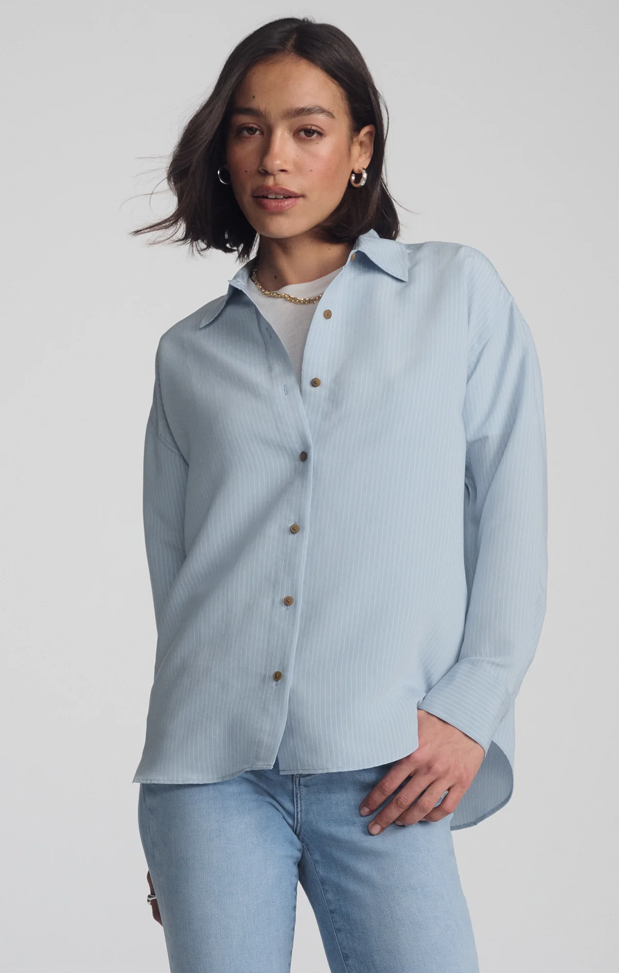 LUXE TOUCH TENCEL™ BUTTON-UP STRIPED SHIRT IN AIR BLUE STRIPE