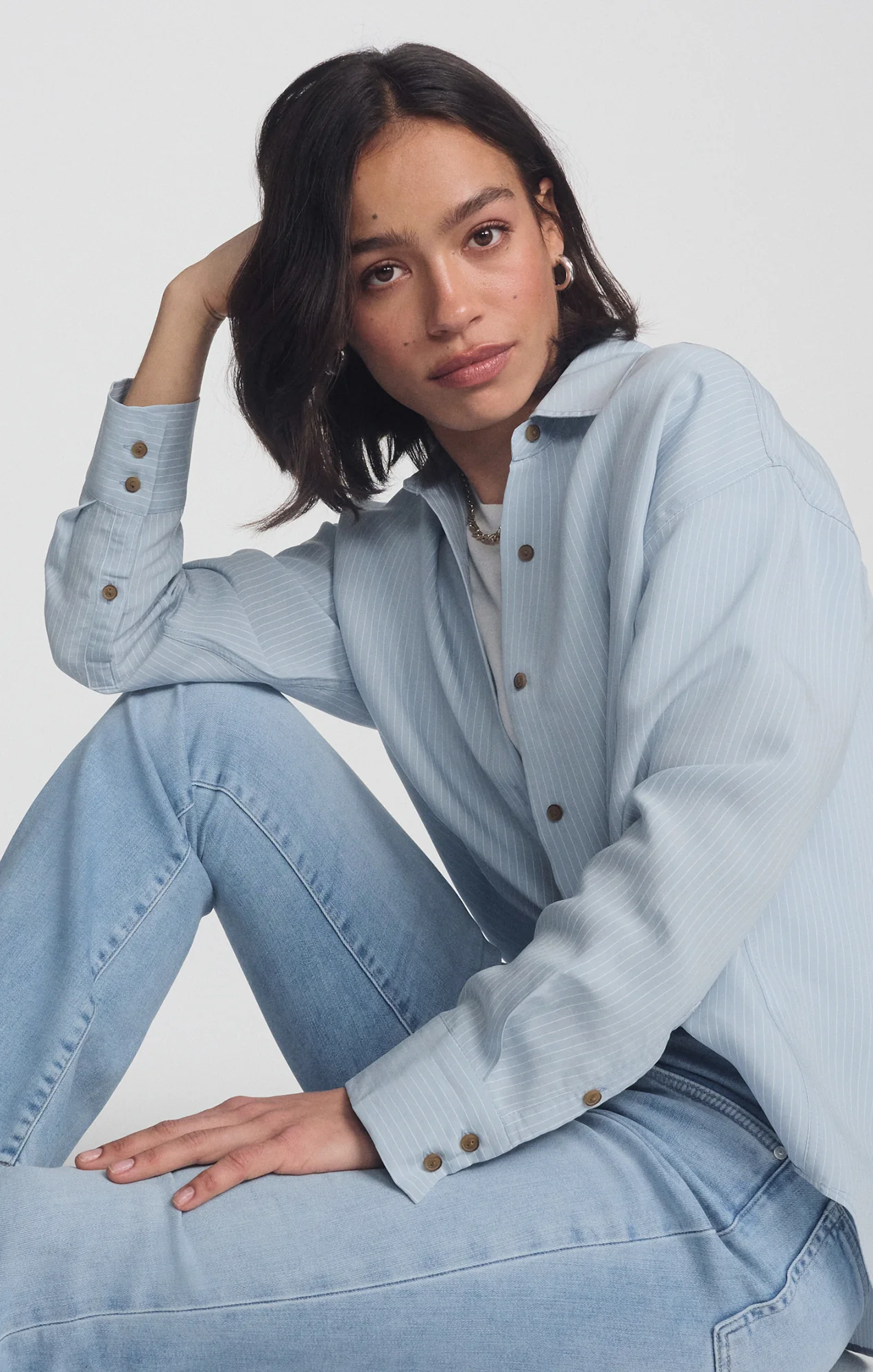 LUXE TOUCH TENCEL™ BUTTON-UP STRIPED SHIRT IN AIR BLUE STRIPE - Image 6
