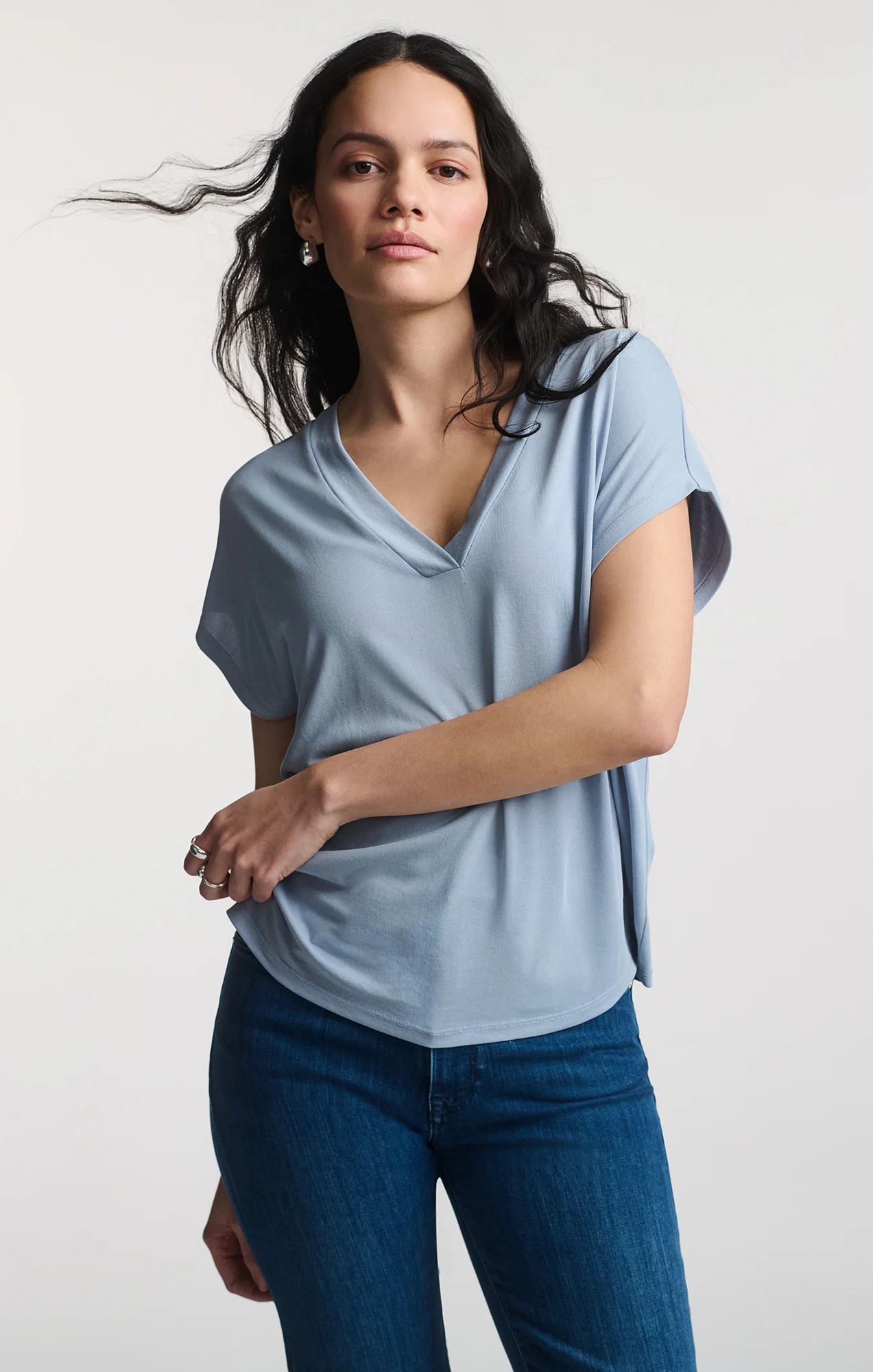 LUXE TOUCH TENCEL™ V-NECK SHIRT IN ZEN BLUE - Image 6