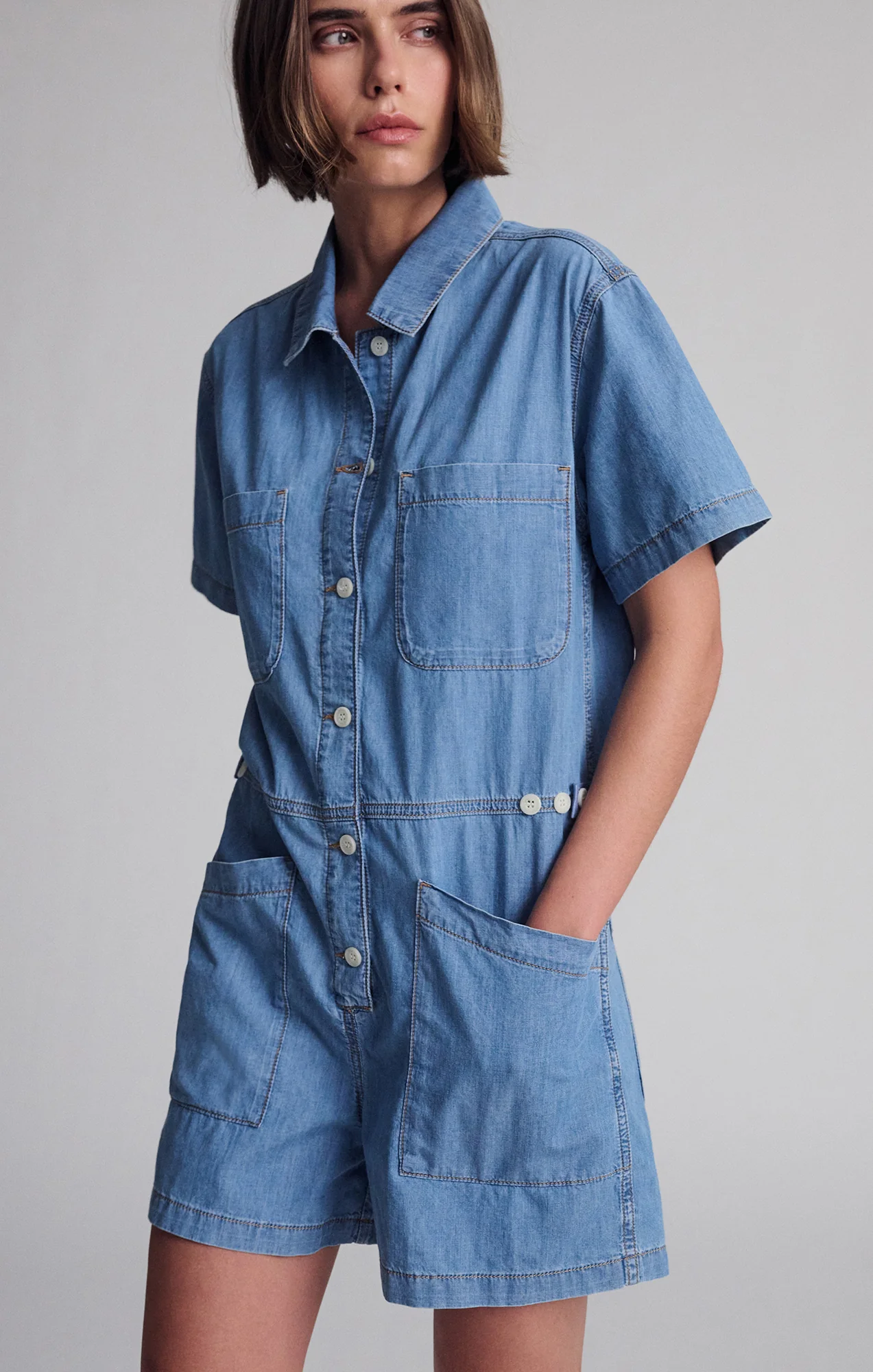 NOREEN DENIM ROMPER IN MID VINTAGE LIGHT DENIM