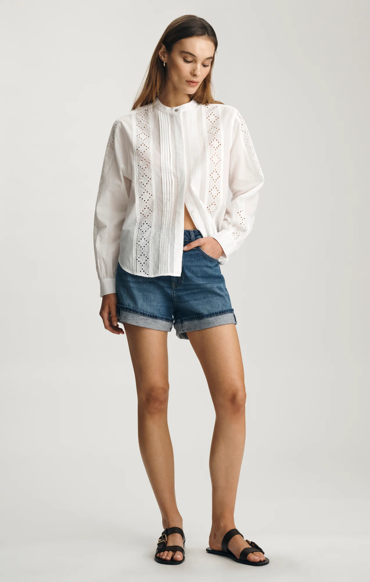 PINTUCK EYELET SHIRT IN WHITE - Image 4