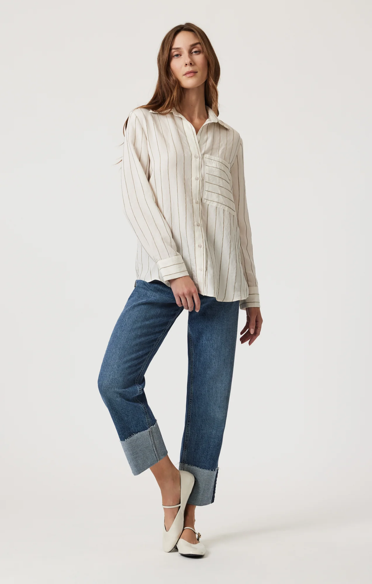POCKET LONG SLEEVE SHIRT IN KHAKI STRIPE - Image 4