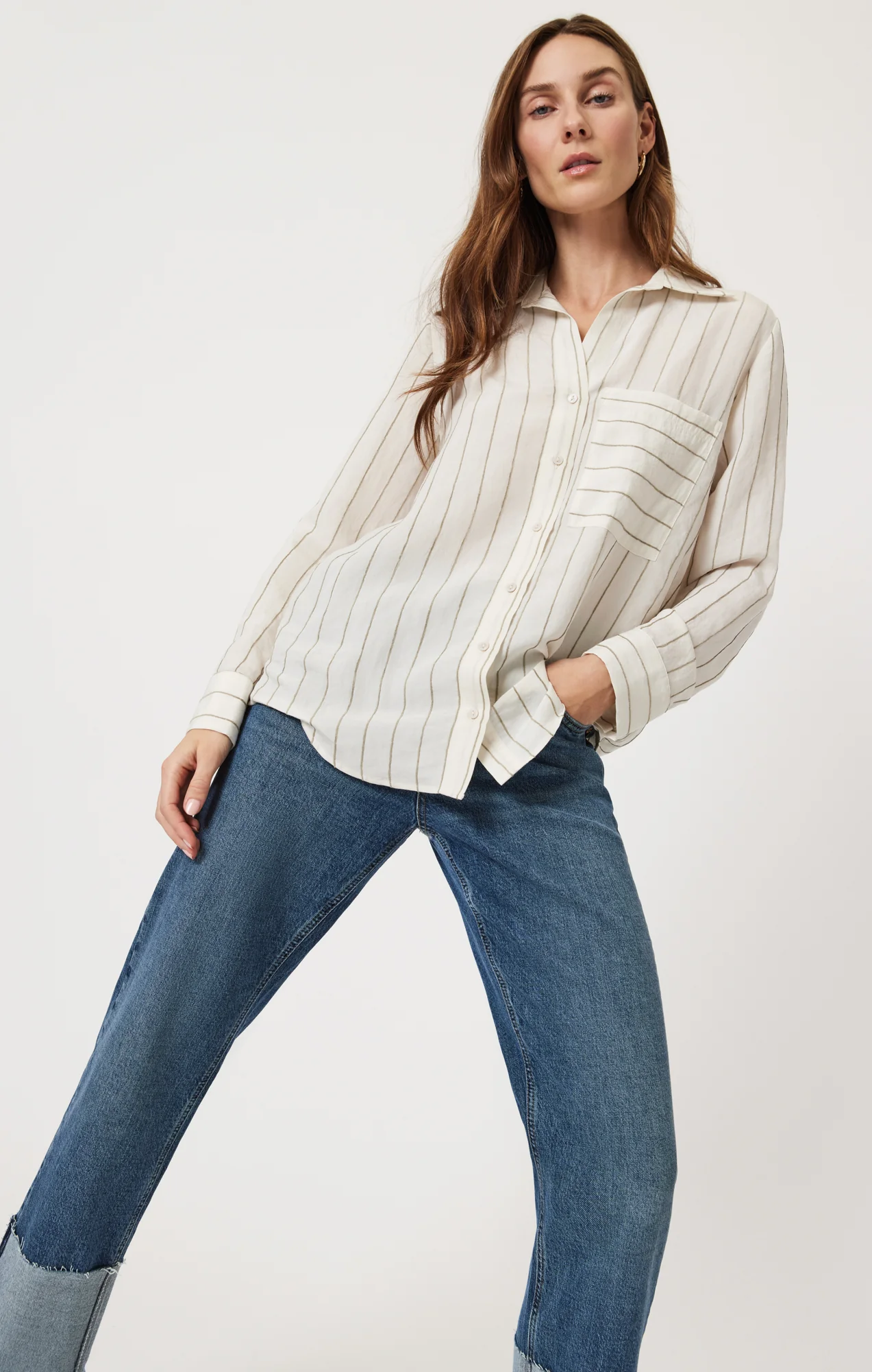 POCKET LONG SLEEVE SHIRT IN KHAKI STRIPE - Image 6