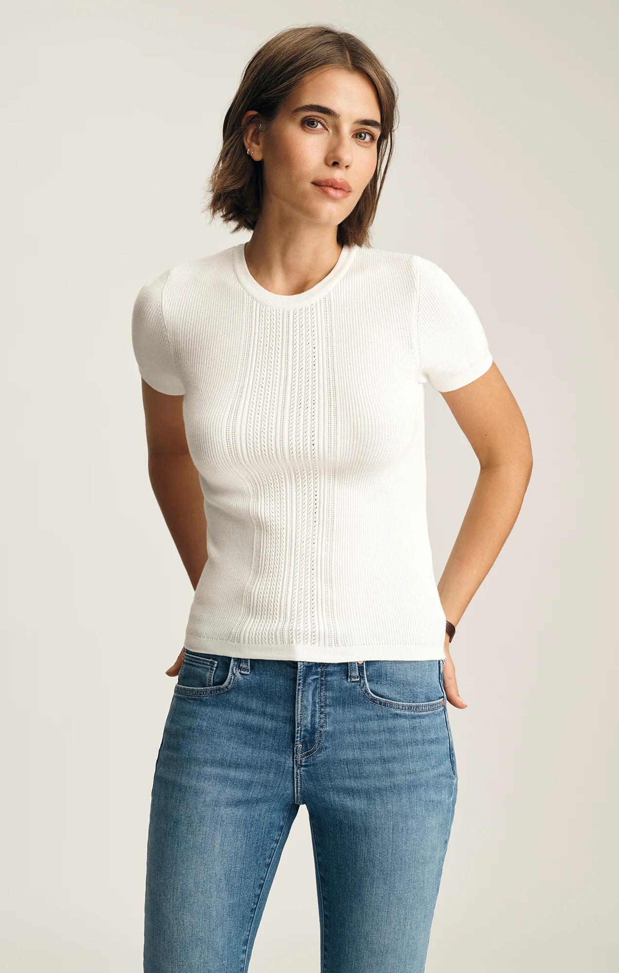 POINTELLE SHORT SLEEVE SWEATER IN ANTIQUE WHITE