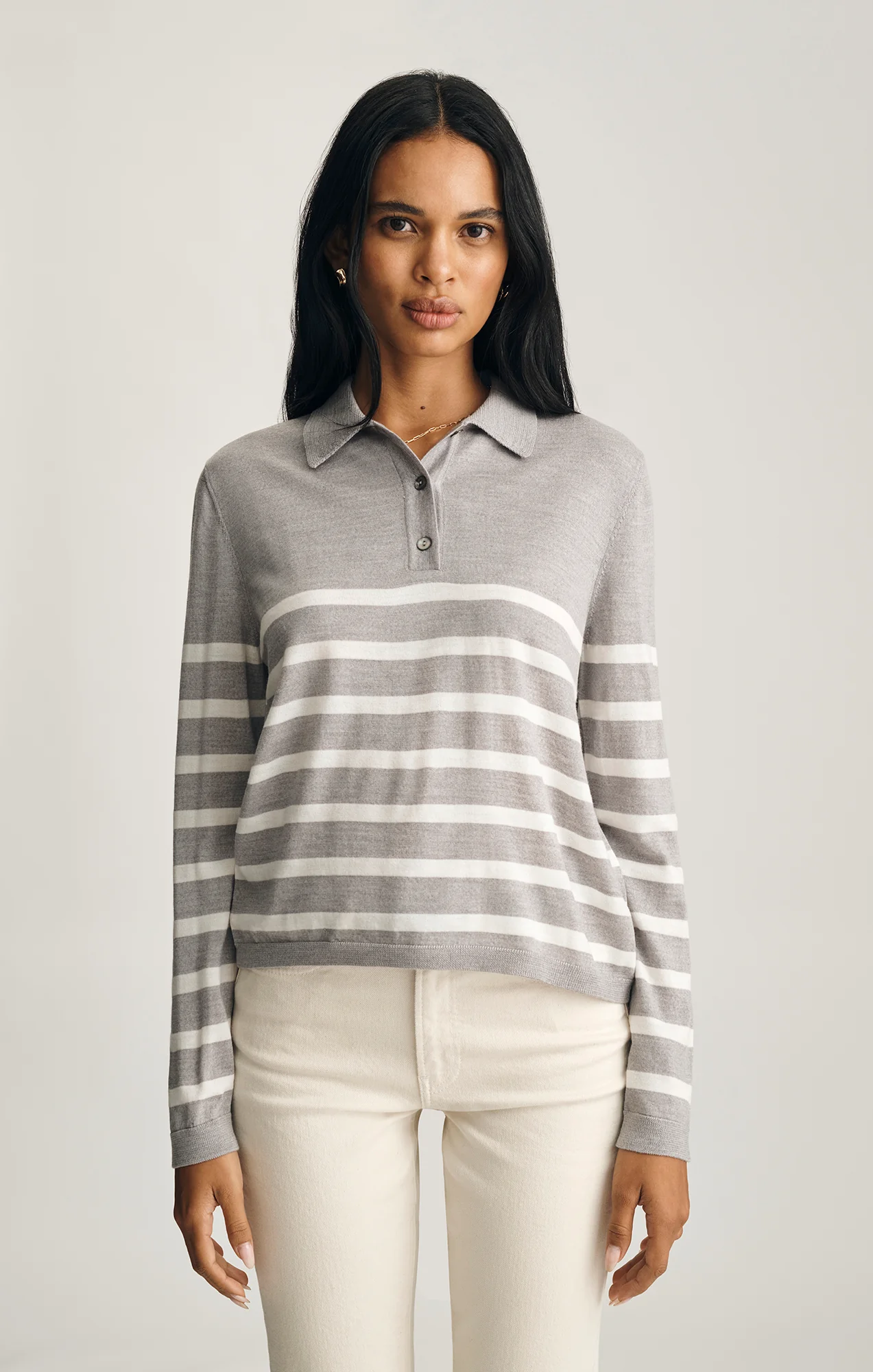 EDITION MERINO WOOL POLO SWEATER IN LIGHT GREY MELANGE STRIPE