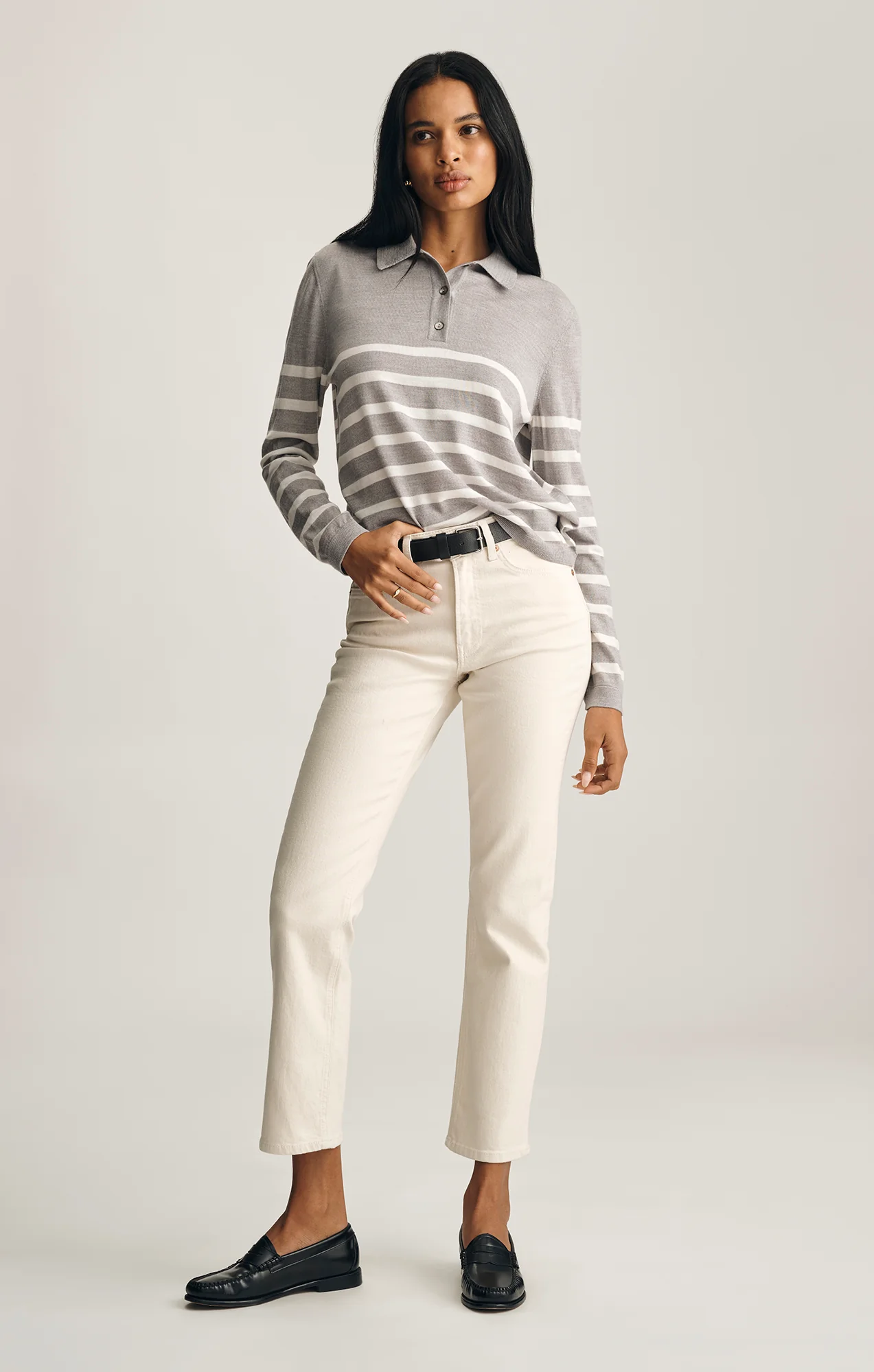 EDITION MERINO WOOL POLO SWEATER IN LIGHT GREY MELANGE STRIPE - Image 2