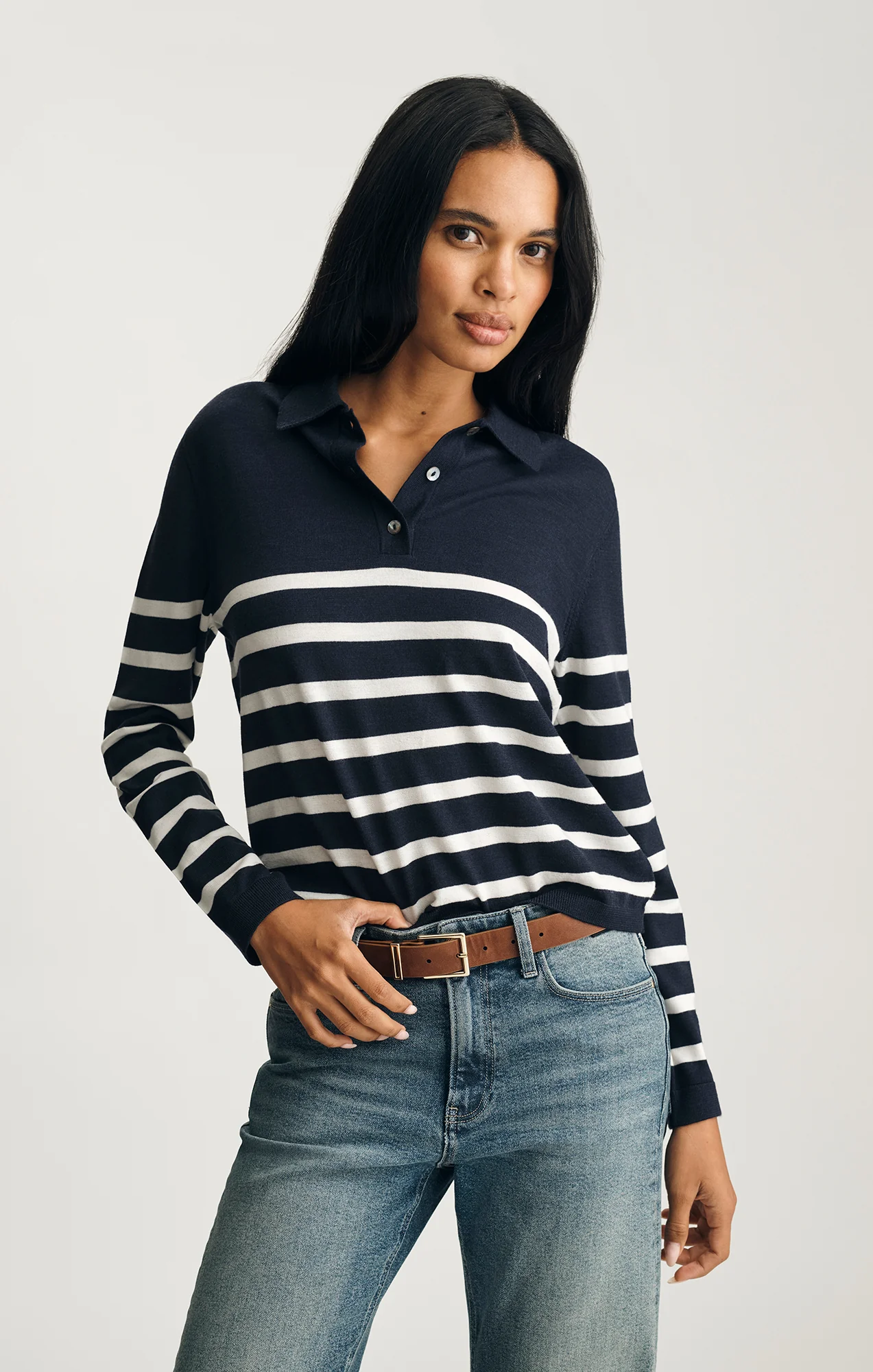 EDITION MERINO WOOL POLO SWEATER IN NAVY BLAZER STRIPE