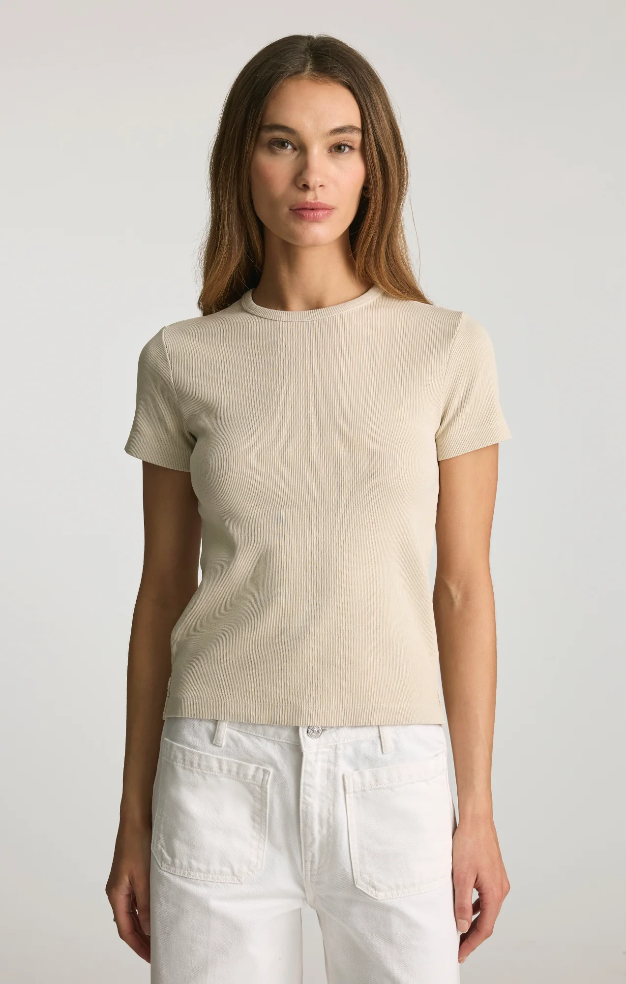 RIBBED CREW NECK T-SHIRT IN OYSTER GRAY
