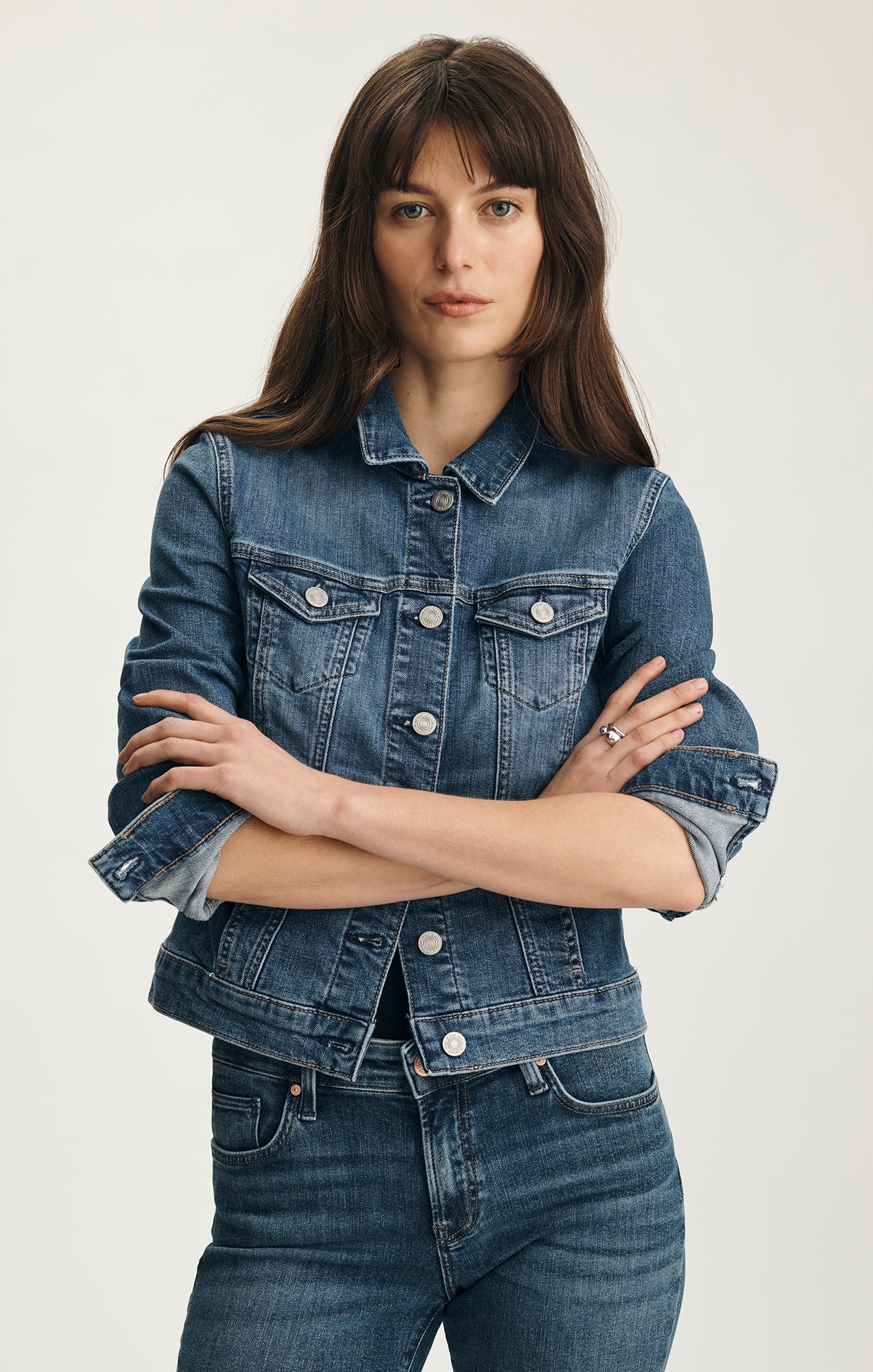 SAMANTHA DENIM JACKET IN DARK BRUSHED FLEX BLUE