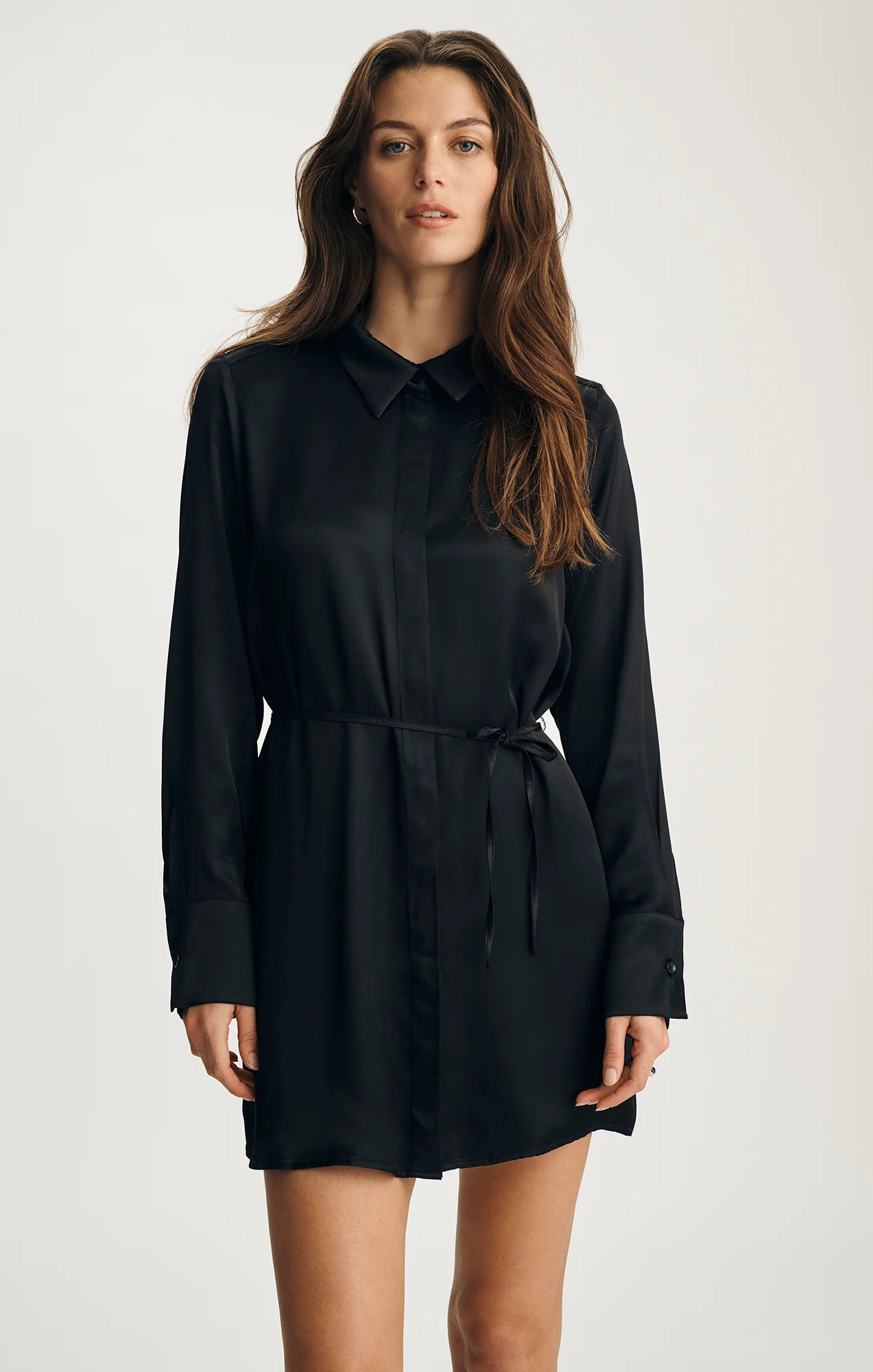 SATIN BUTTON-FRONT MINI DRESS IN BLACK