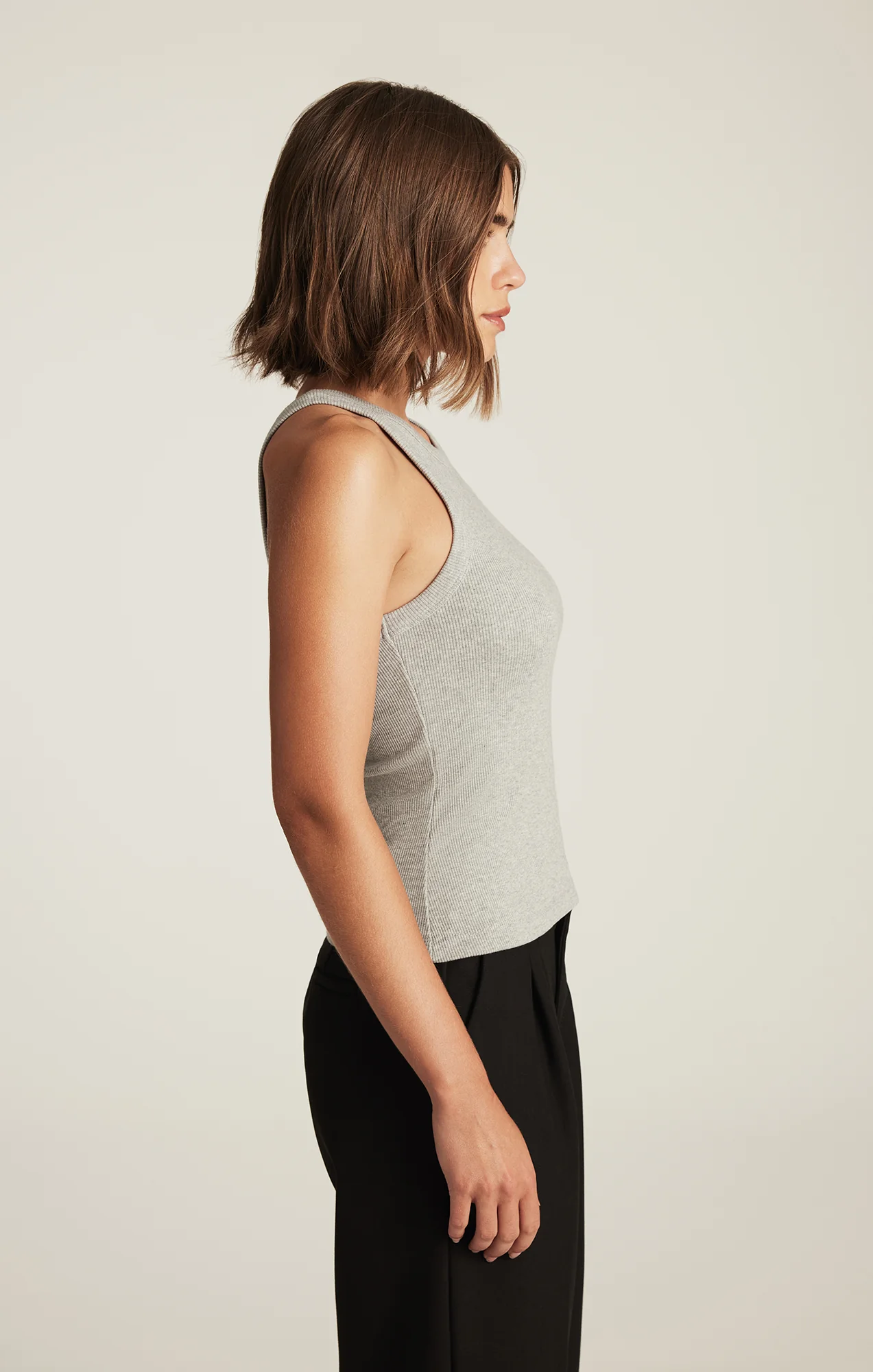 STELLA RIBBED HIGH NECK TANK TOP IN LIGHT GREY MELANGE - Image 3