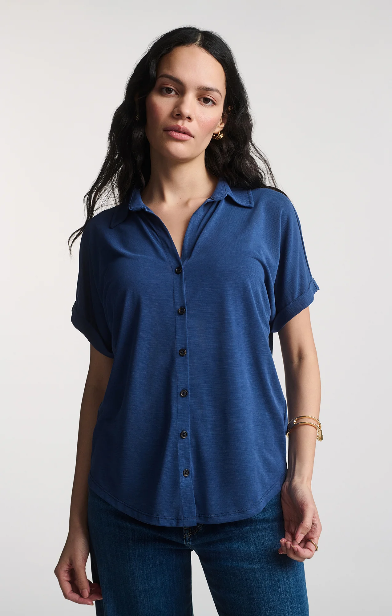 LUXE TOUCH TENCEL™ BUTTON-UP T-SHIRT IN MEDIEVAL BLUE