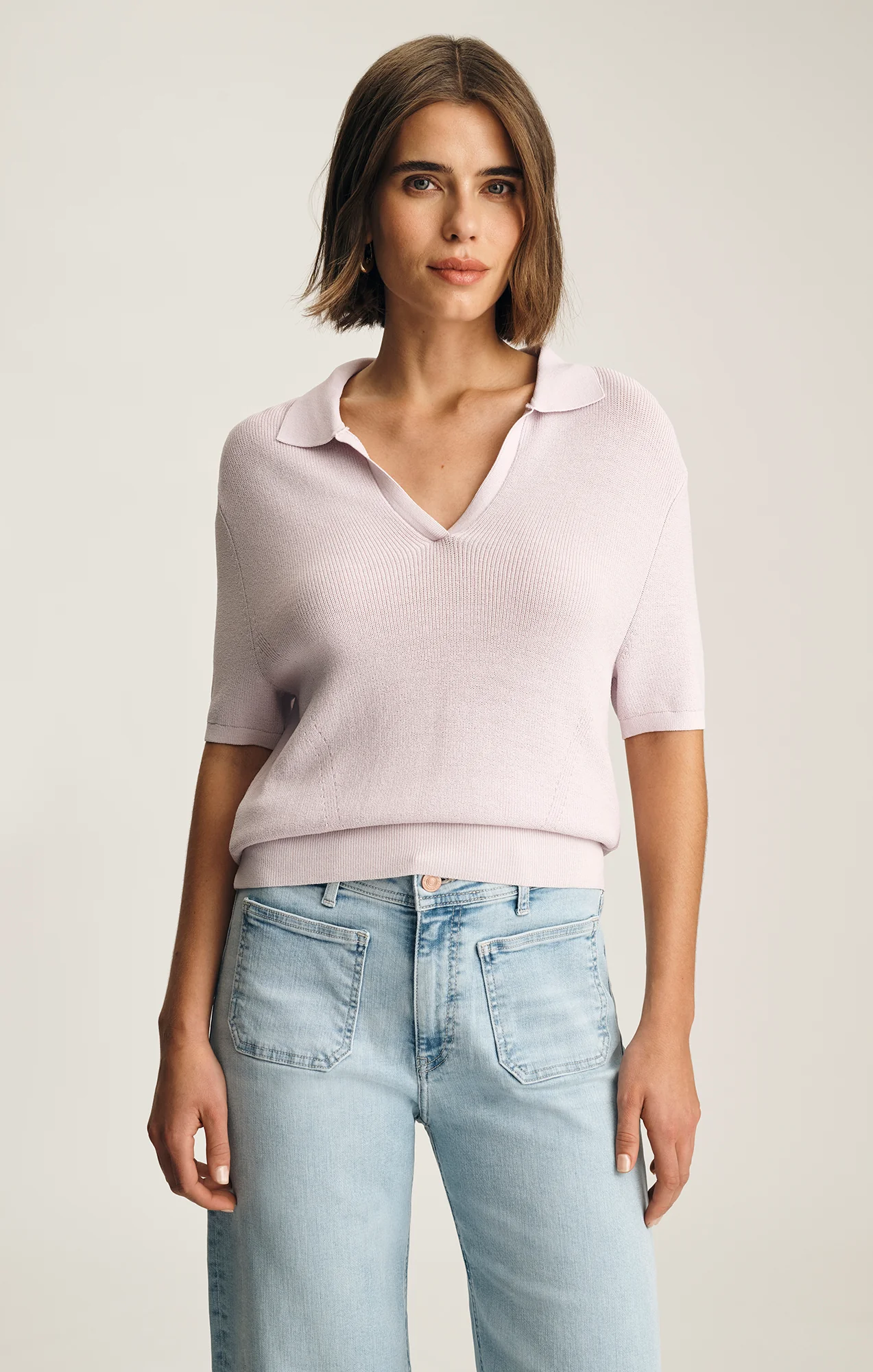 SHORT SLEEVE POLO SWEATER IN ORCHID HUSH