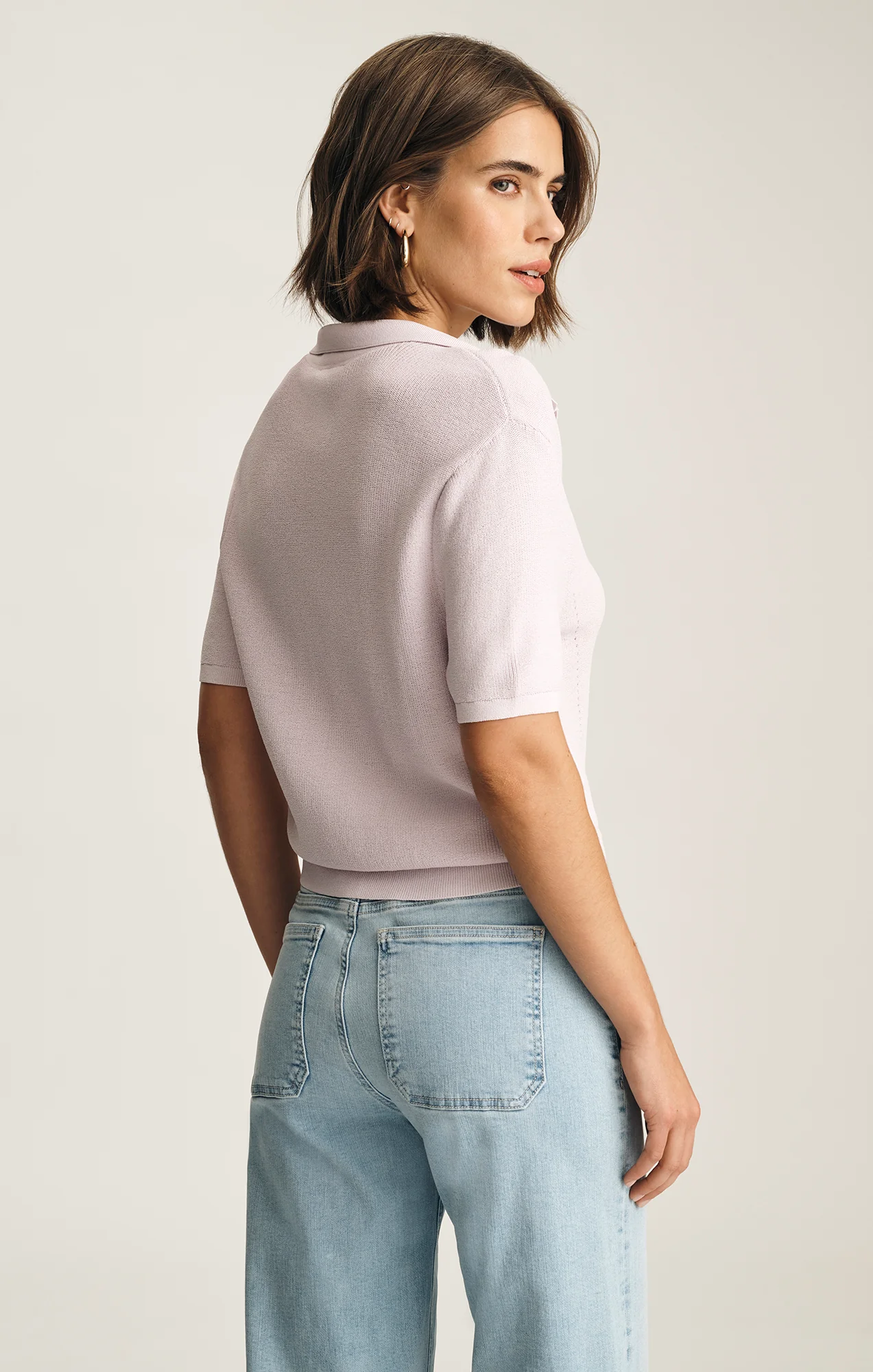 SHORT SLEEVE POLO SWEATER IN ORCHID HUSH - Image 3