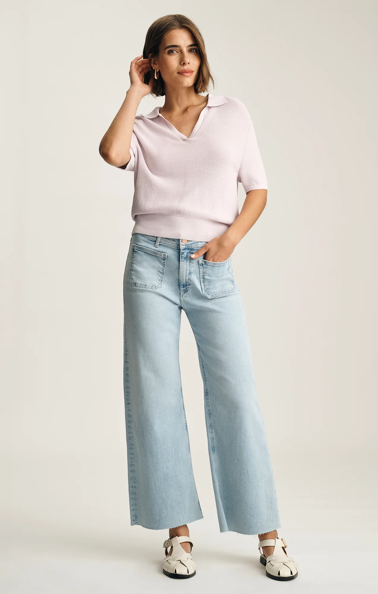 SHORT SLEEVE POLO SWEATER IN ORCHID HUSH - Image 5