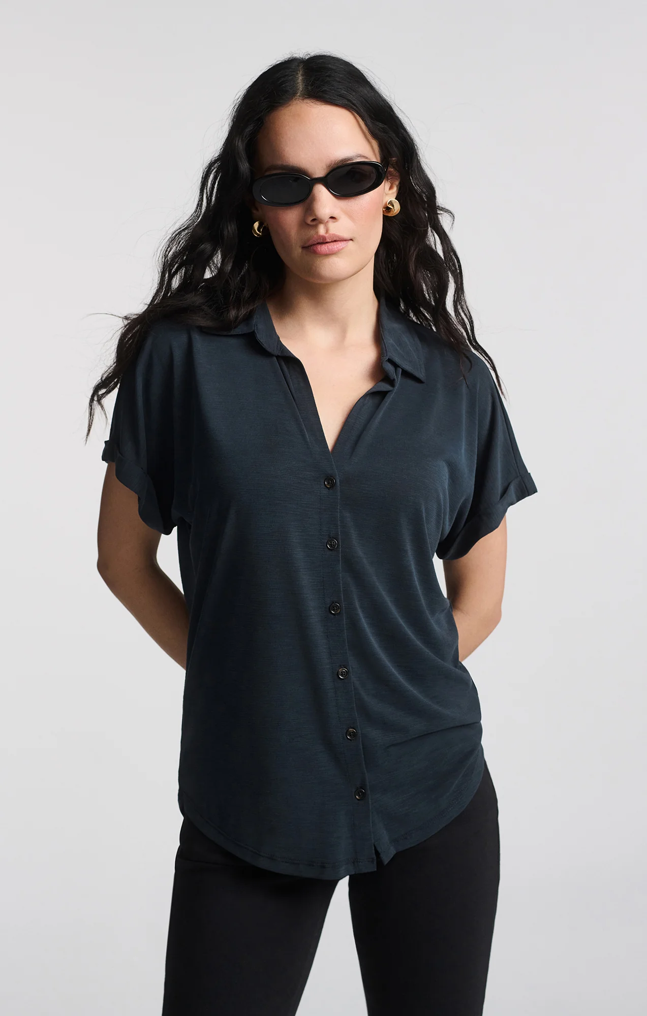 LUXE TOUCH TENCEL™ BUTTON-UP T-SHIRT IN BLACK