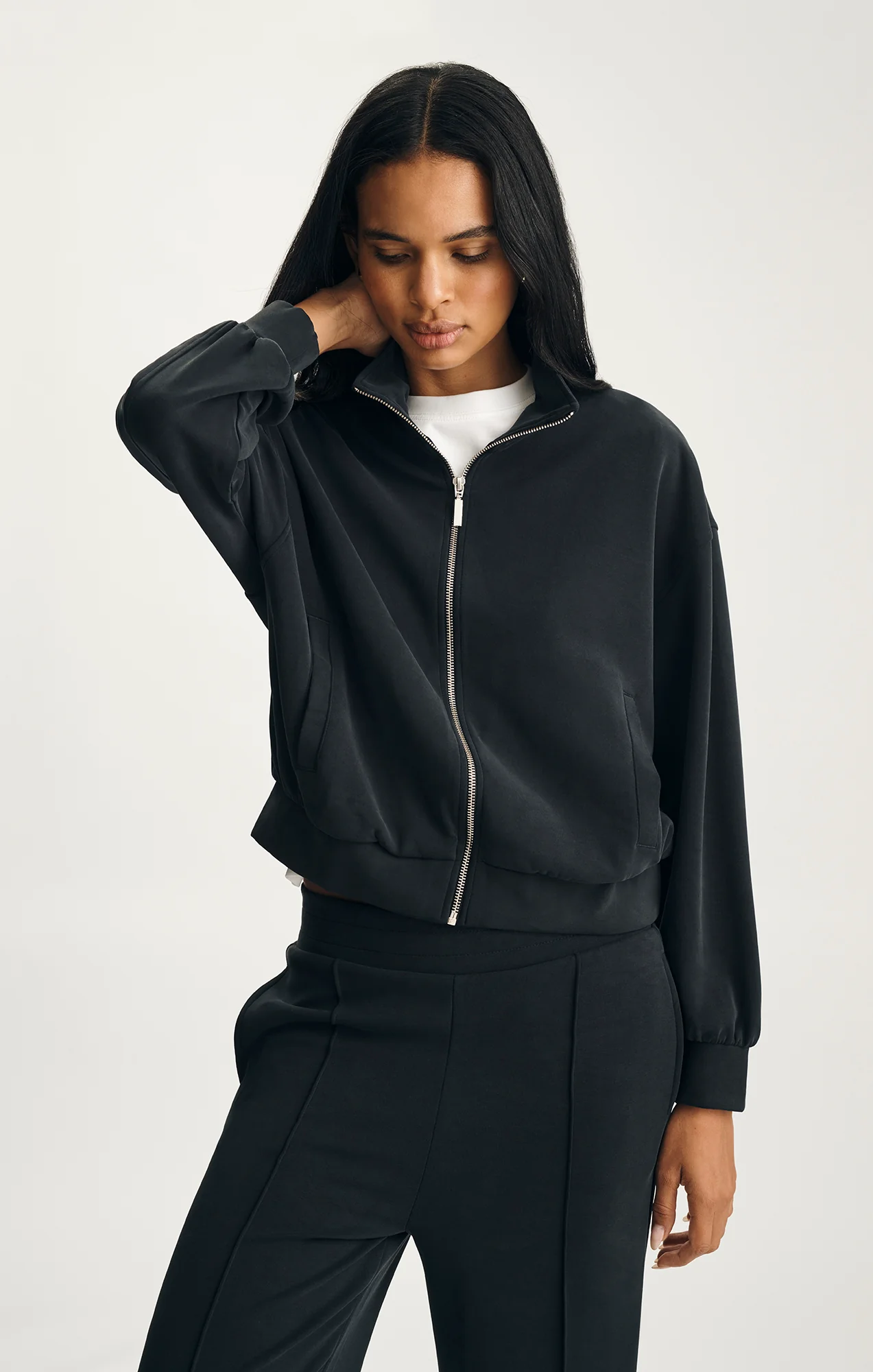 SPORTY LUXE TENCEL™ FULL ZIP SWEATSHIRT IN BLACK