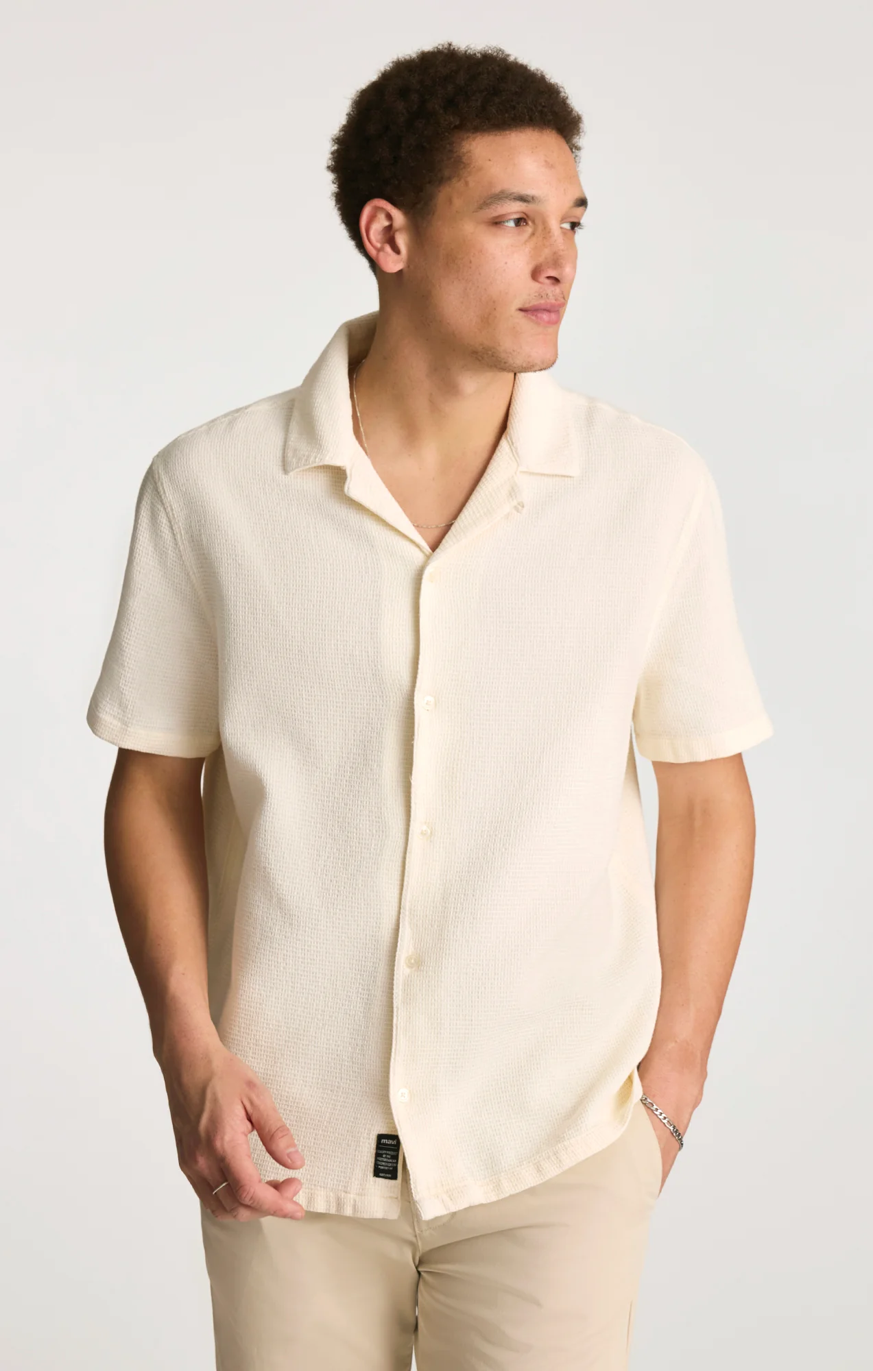 WAFFLE KNIT CAMP COLLAR SHIRT IN ANTIQUE WHITE