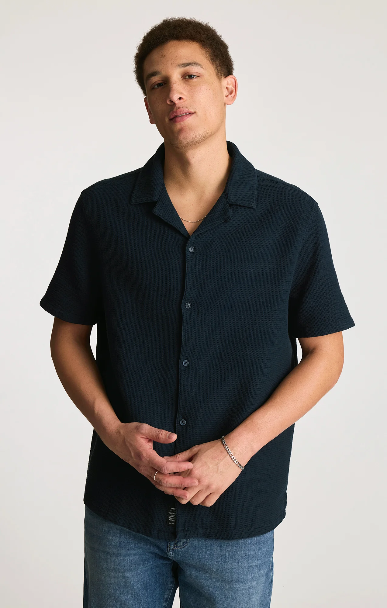WAFFLE KNIT CAMP COLLAR SHIRT IN TOTAL ECLIPSE