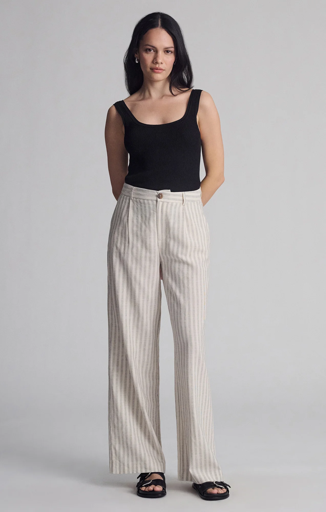 WOVEN BUTTON PANTS IN BLACK STRIPE - Image 3
